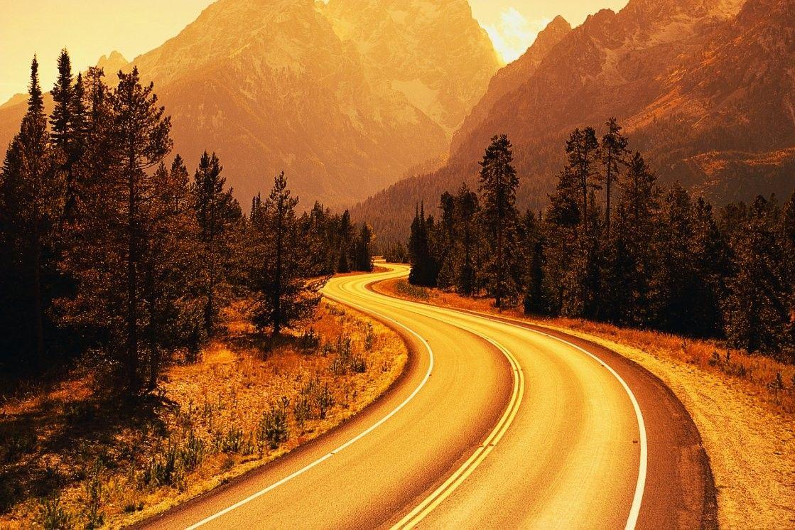 Mountain: Autumn Road Golden Mountains Wyoming Fall Mountain HD