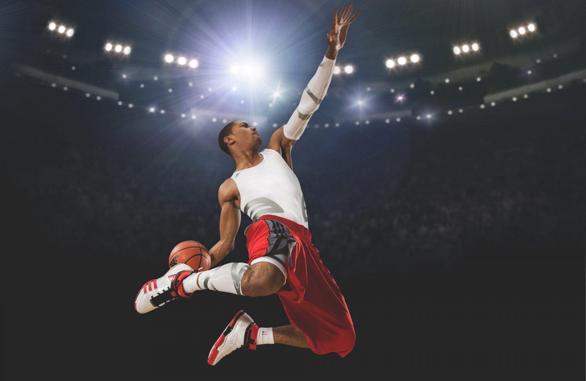 derrick rose basketball player ball hang slam dunk adidas stadium