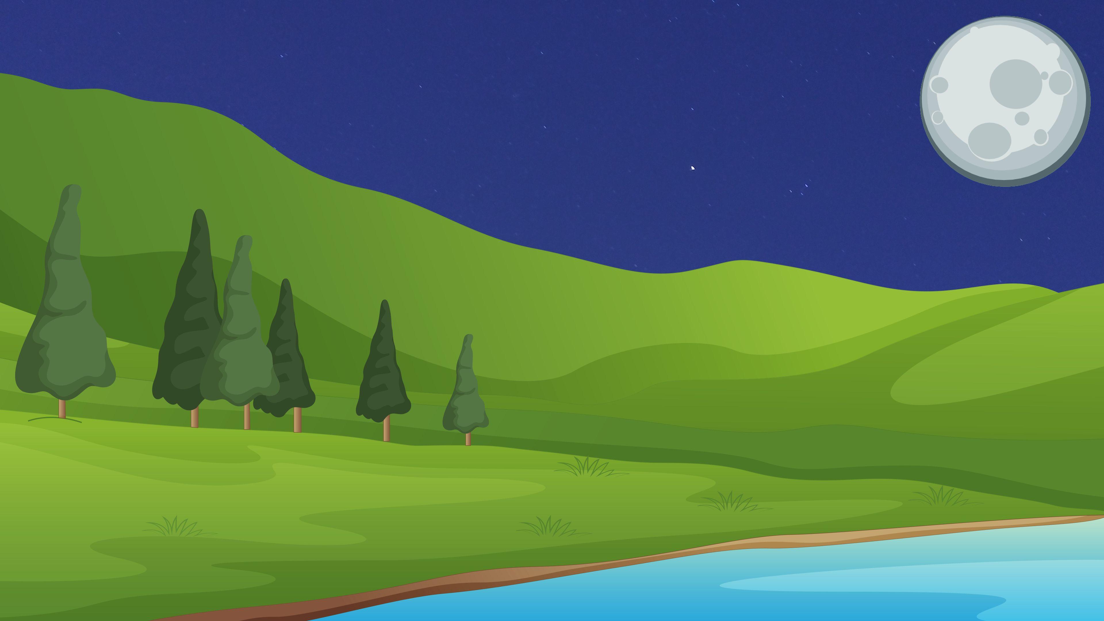 Flat Night Landscape 4K Wallpaper