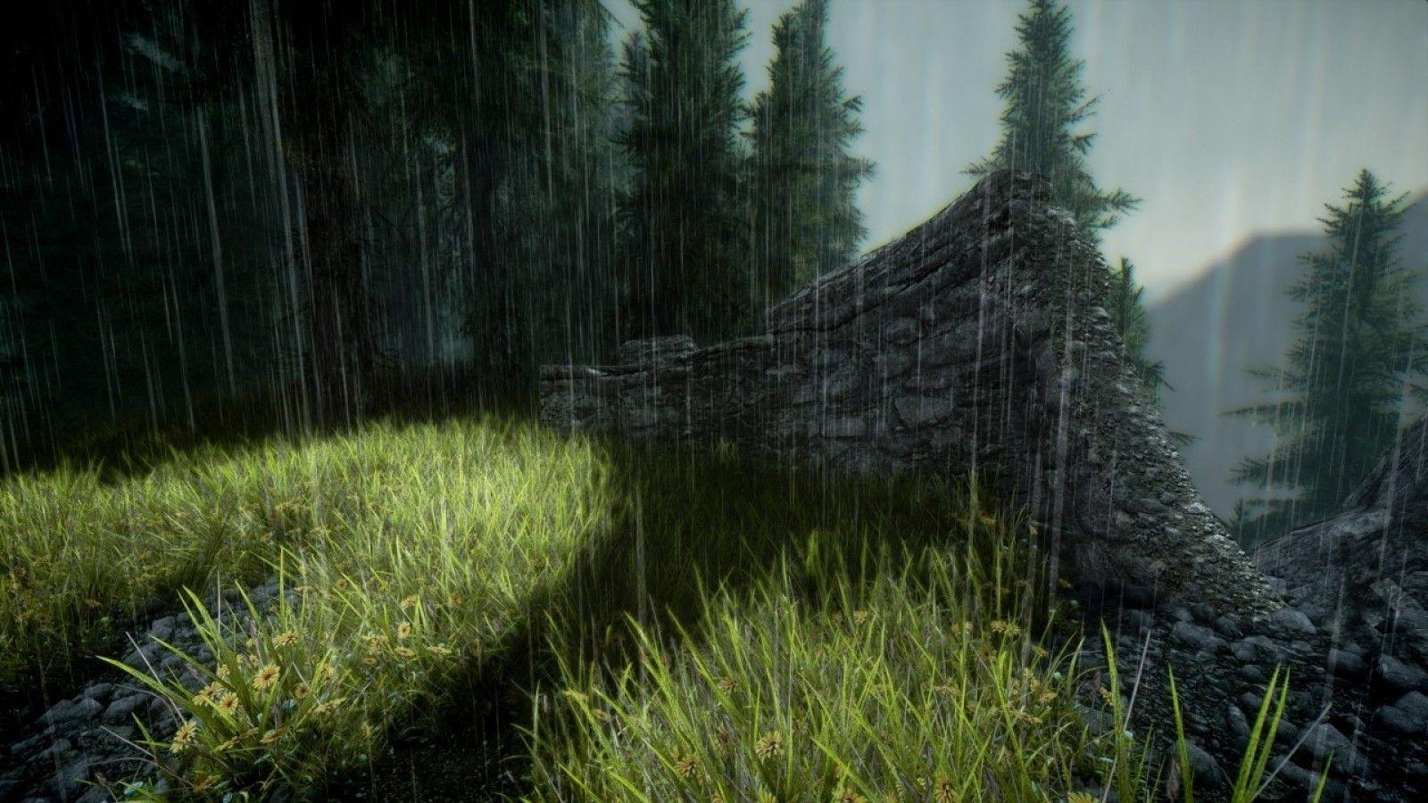 Mountain Trees Nature Hill Skyrim Games Grass Rainy Stone Beautiful