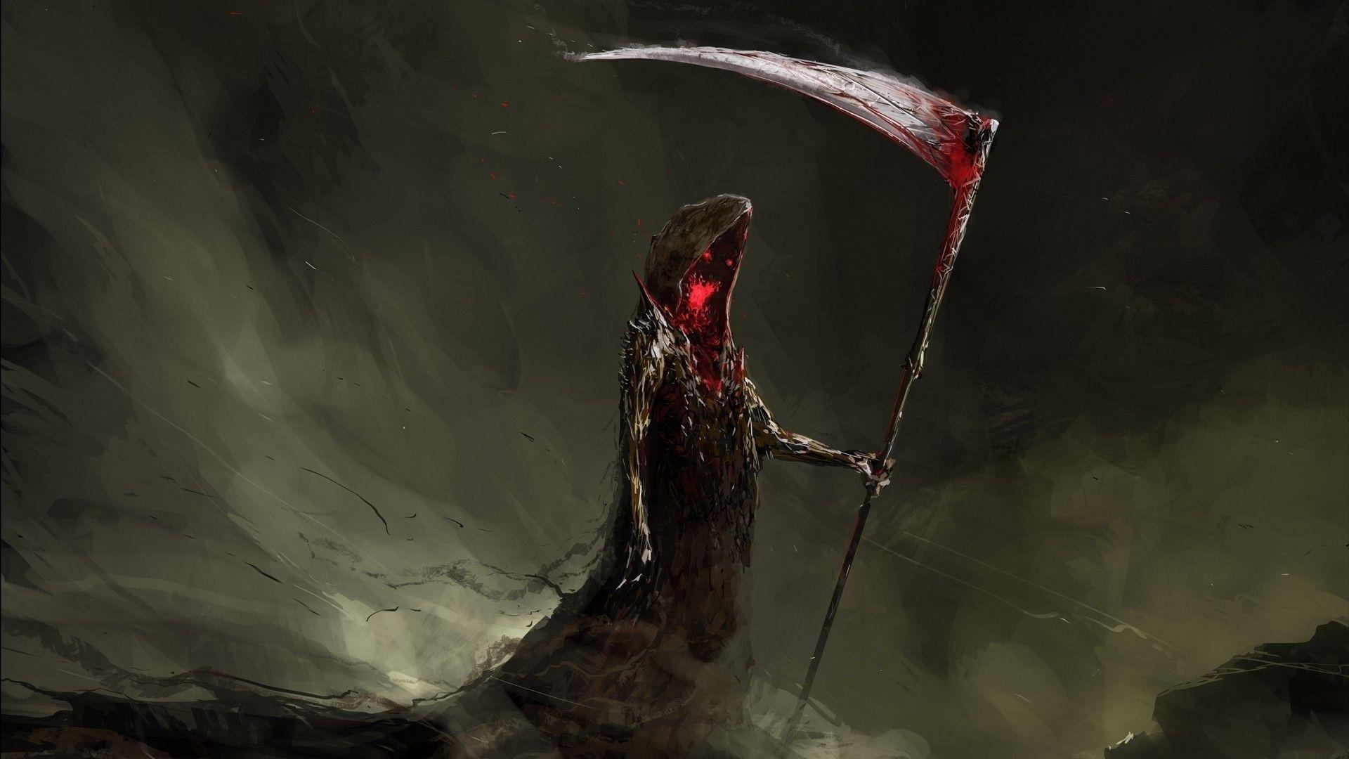 sickle, Digital Art, Drawing, Grim Reaper, Red Eyes, Scythe, Blood