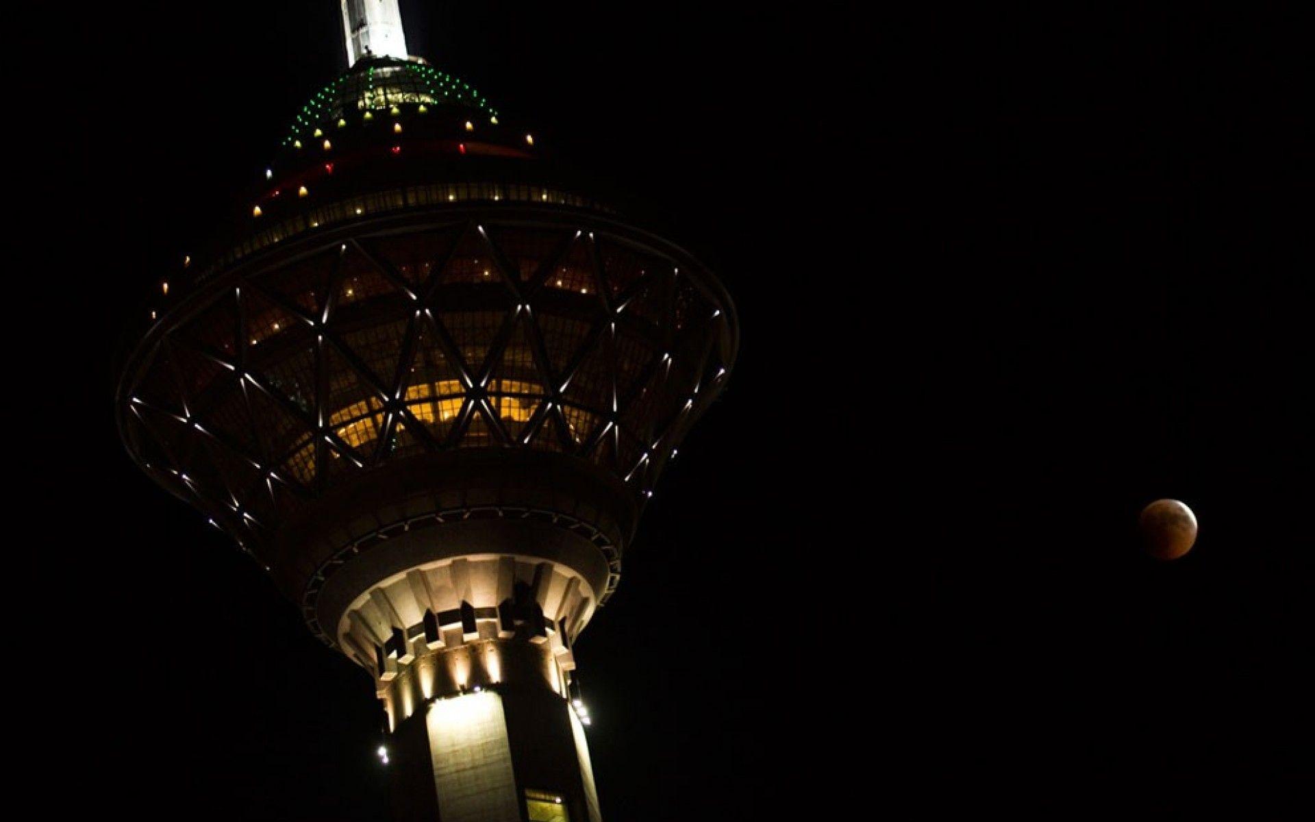 Night moon iran milad tower tehran wallpaperx1200