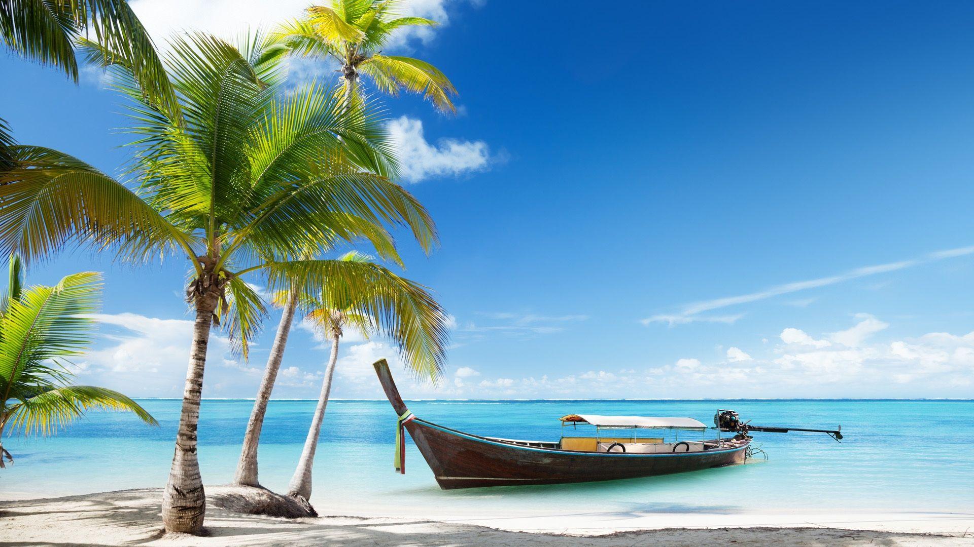 Wallpaper Palm trees, boat, tropical sea, beach sand, clouds