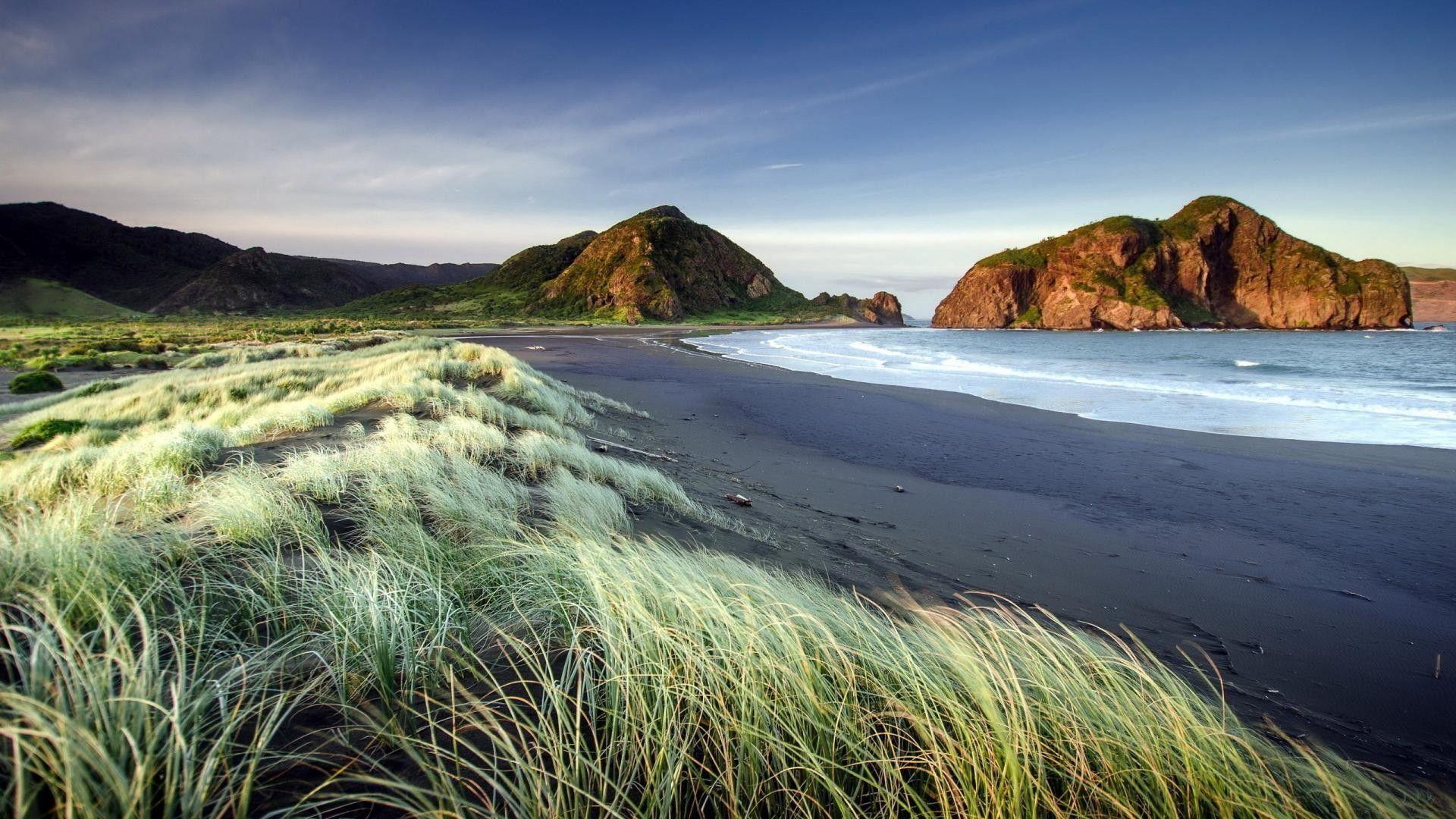 Beaches: Black Landschaften Beach Rocks Sand Strand Grass Sea