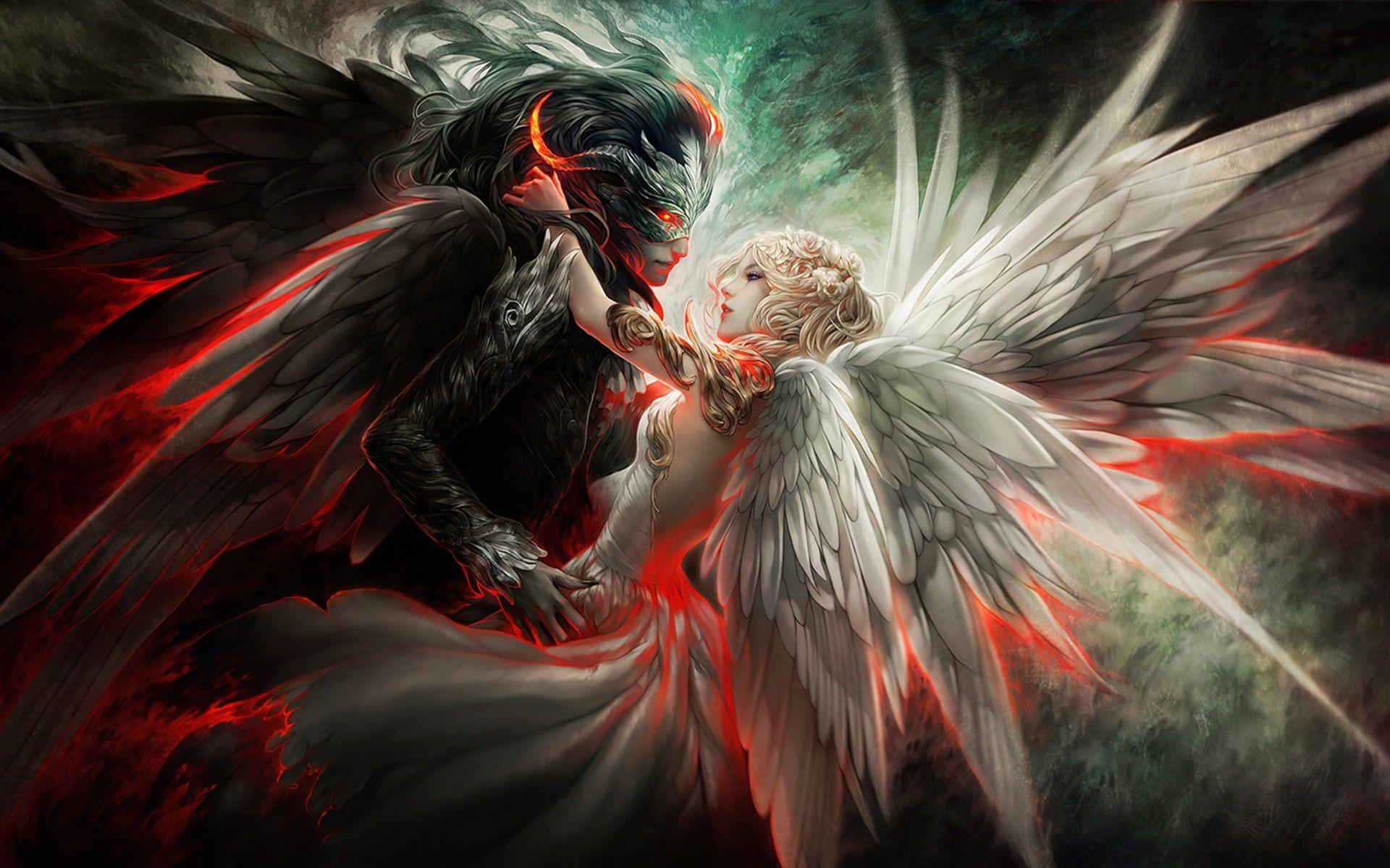 Angel And Demon Mask Couple Wings Orginal HD Wallpaper