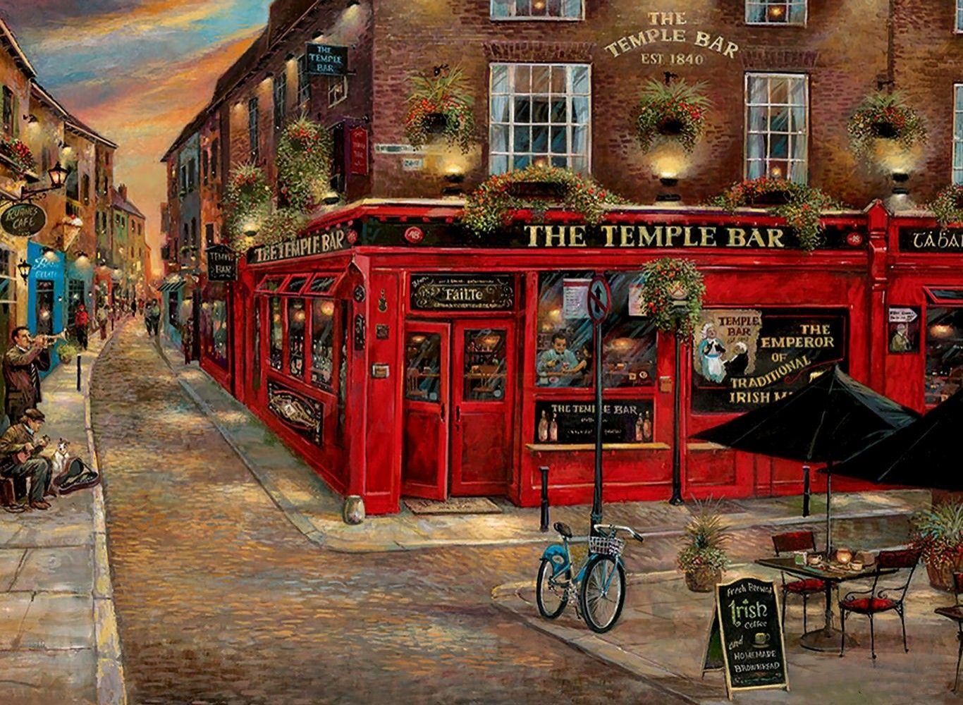 Other: Temple Bar Saloon Cityscape Scenery Painting Art Artwork Wide