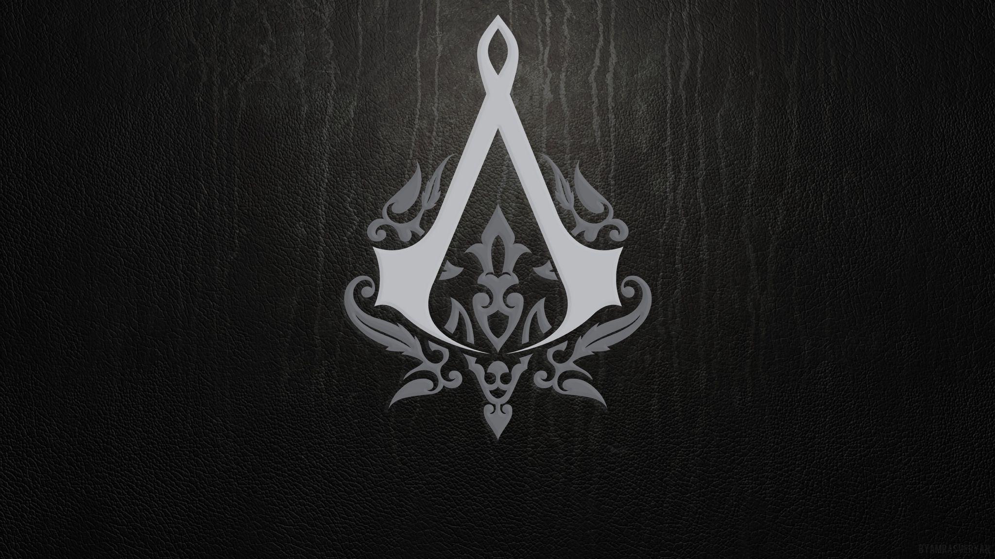 Download wallpaper 2048x1152 assassins creed, emblem, background