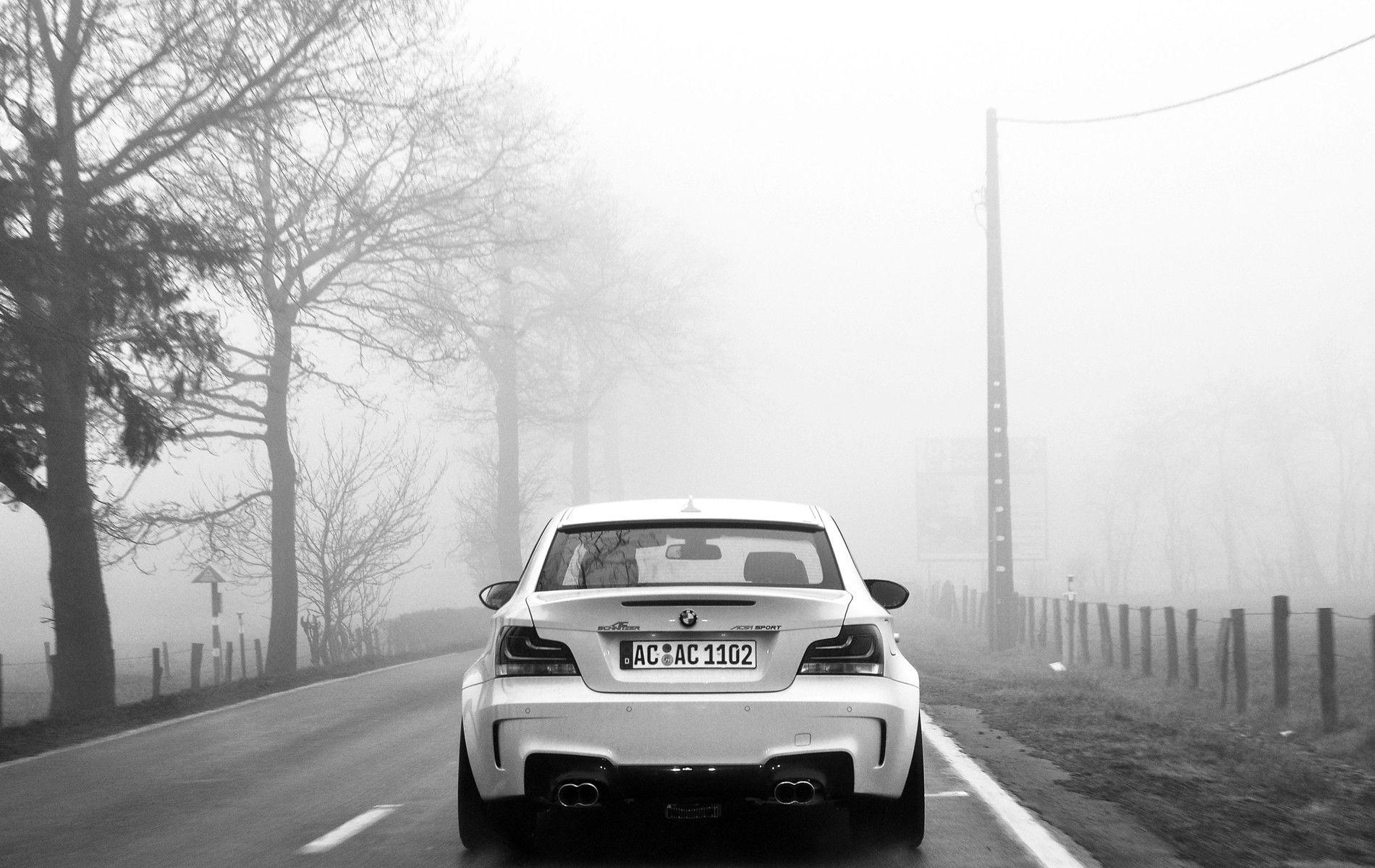 black and white, cars, roads, monochrome, BMW 1 series M Coupe, BMW