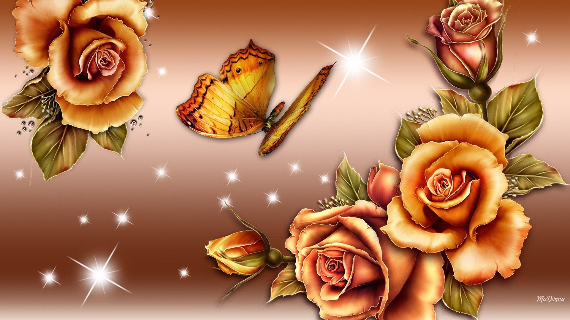 Flowers Glow Bronze Gold Roses Butterfly Golden Beautirful Gradient.