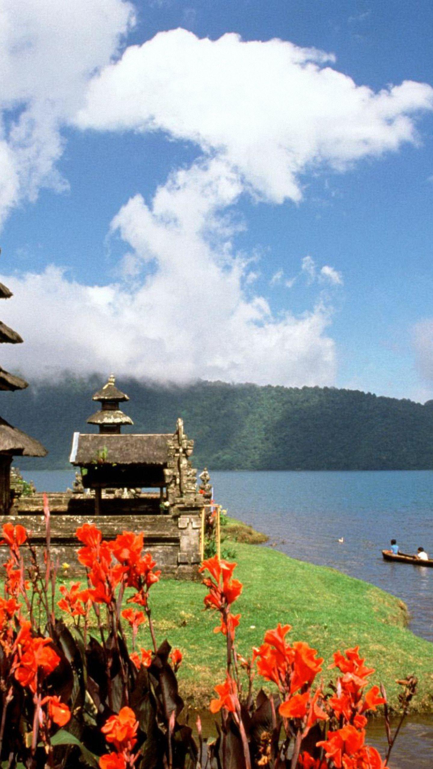 Island Boat Flower Mountain mobile phone Wallpaper HD 1440x2560