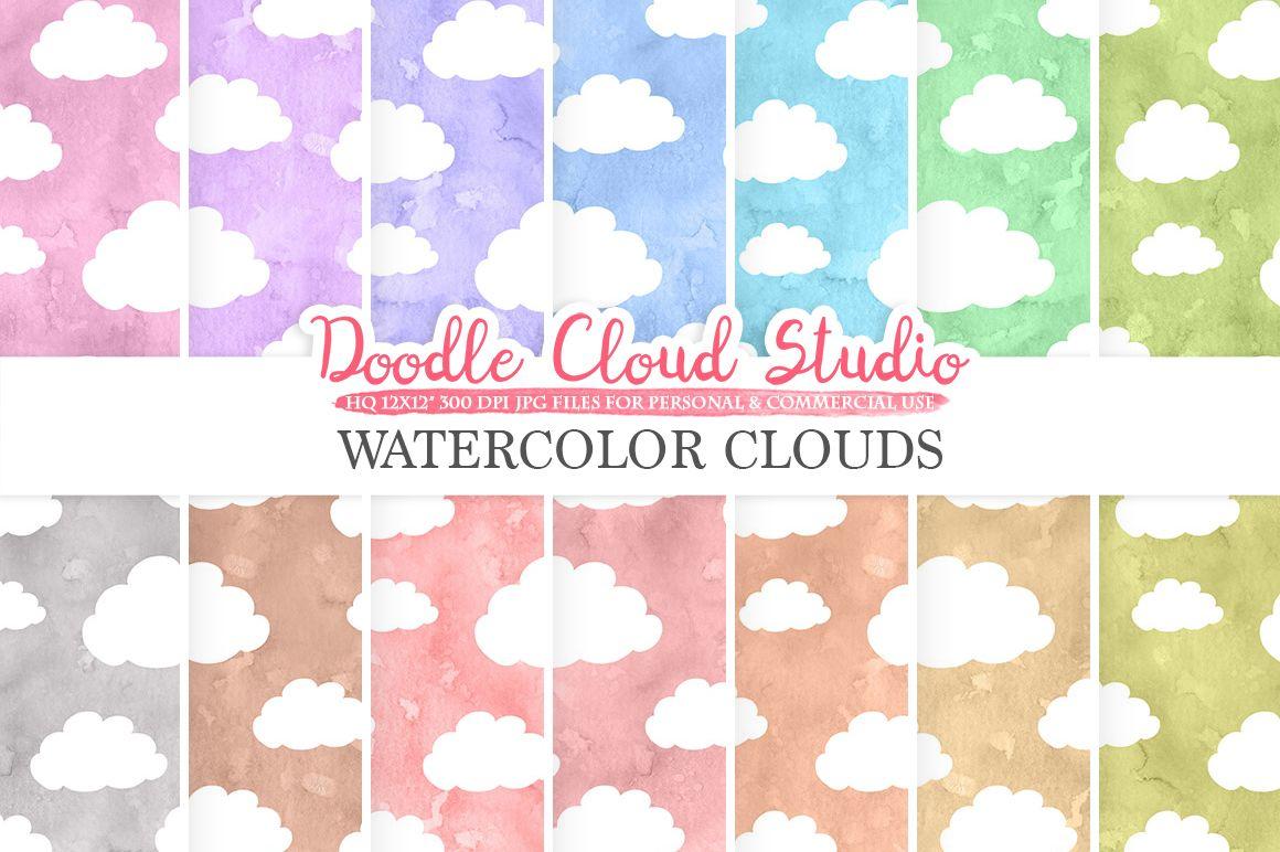 Watercolor Cartoon Clouds digital paper, Cloud pattern, pastel