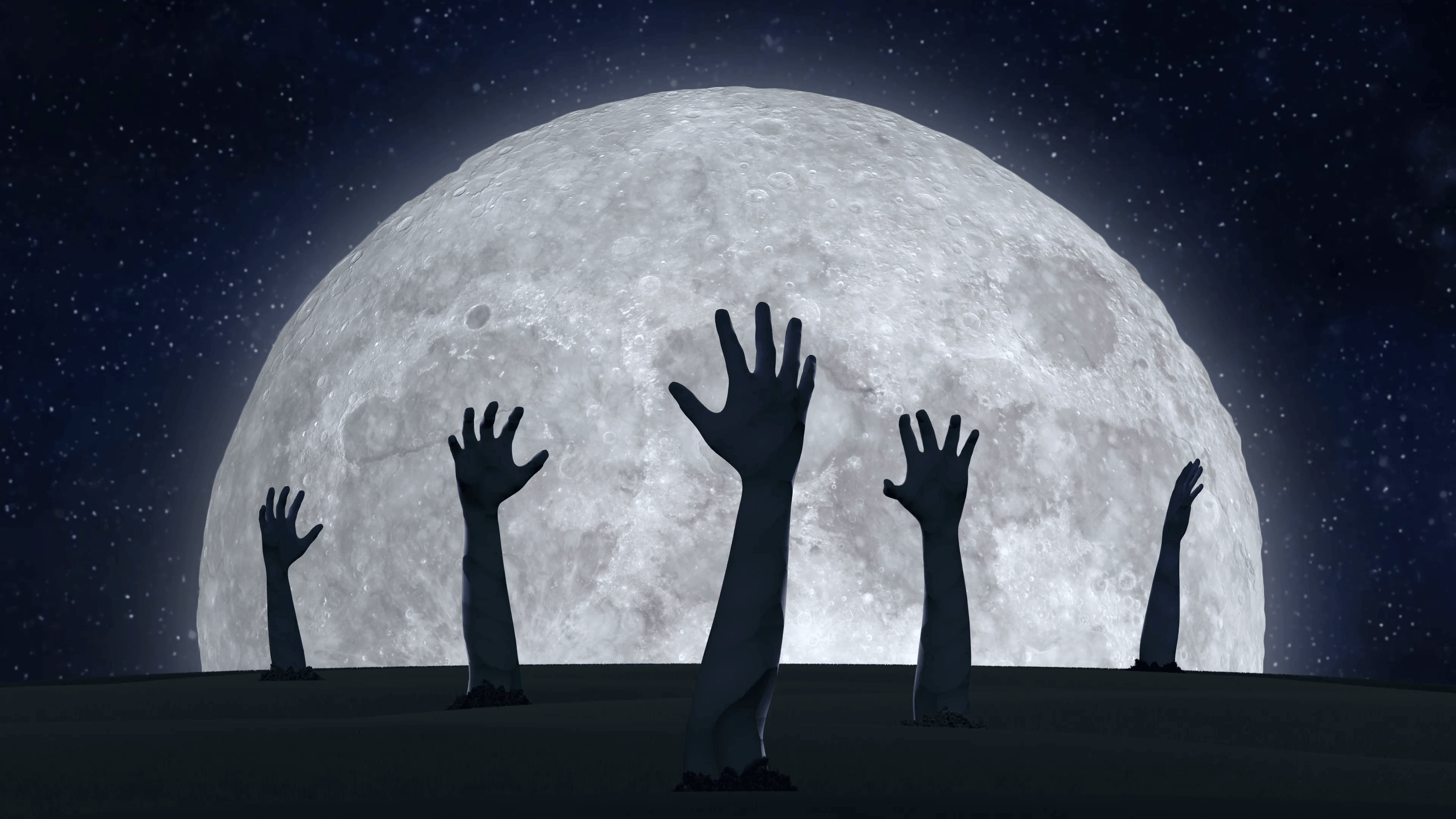 Zombie hands reaching sky with with the moon in background. Loop