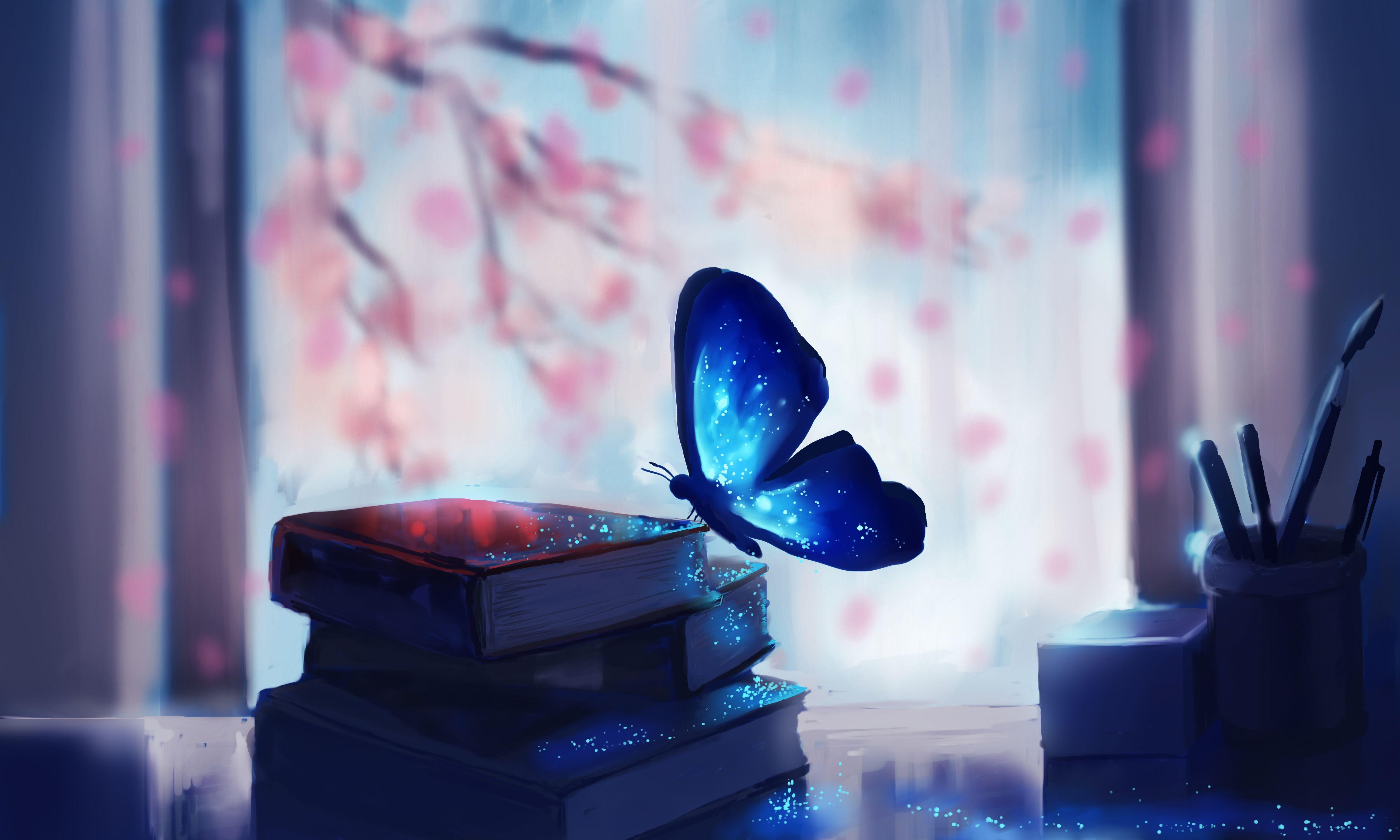 Wallpapers Blue, Butterfly, Books, Fantasy, 4K, Creative Graphics,