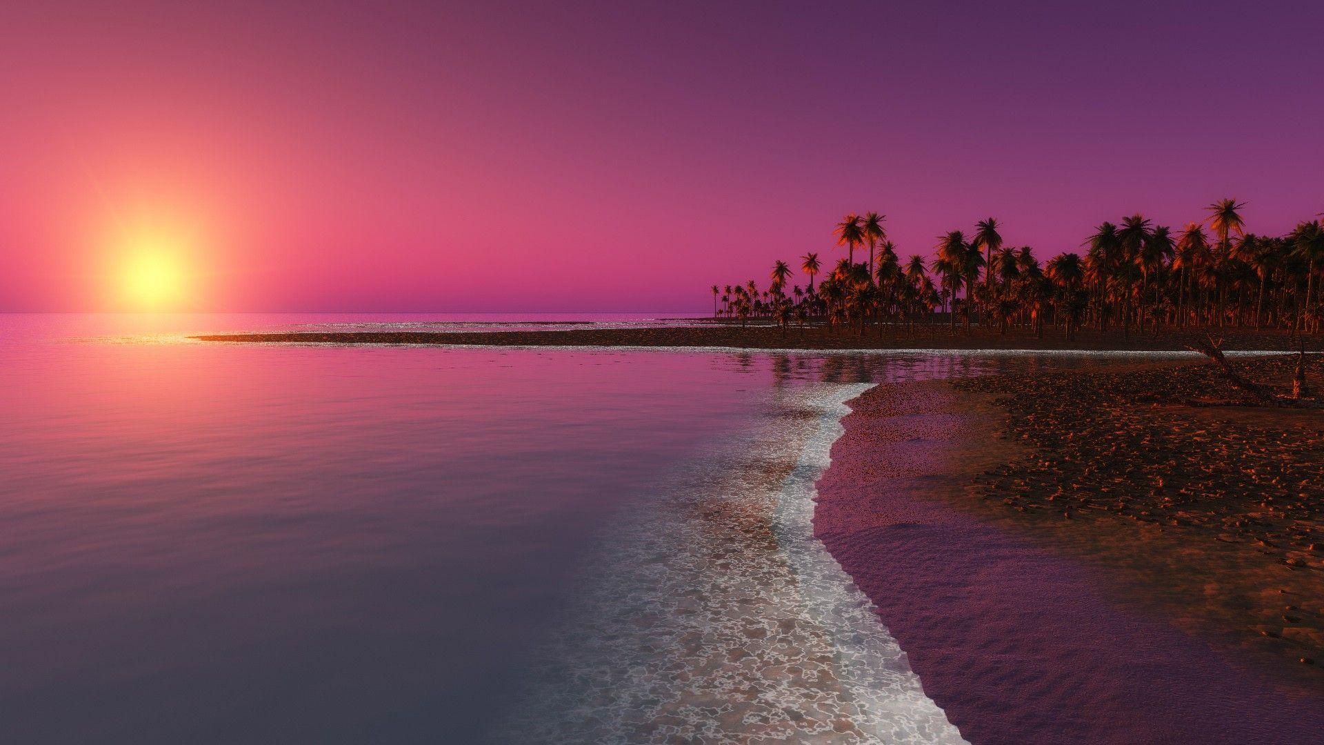 Digital Coastal Beach Sunset Wallpaper