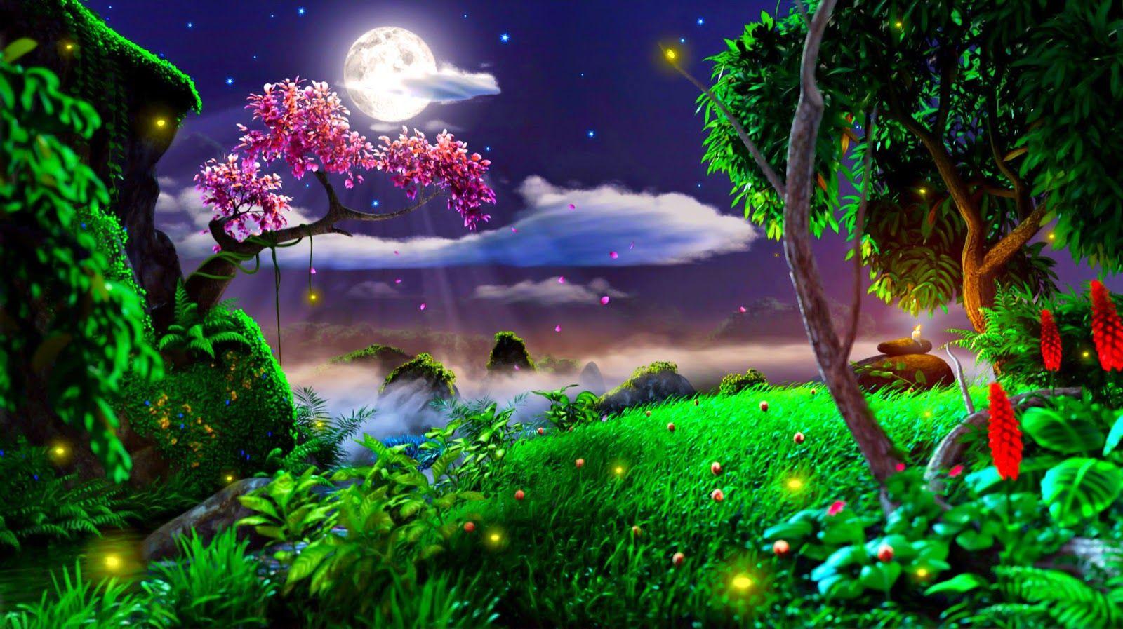 Moon light and stars night background with trees nature art image