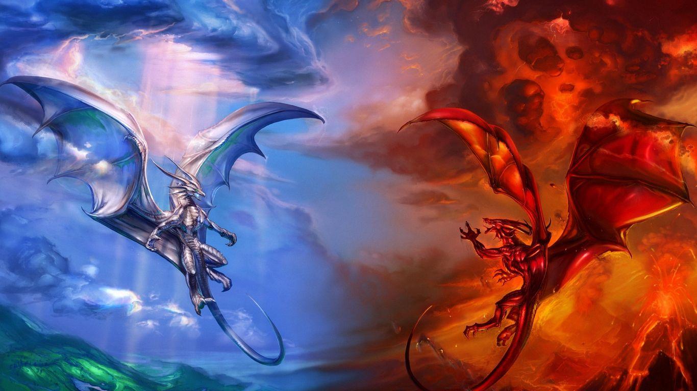 Cool Fantasy Red Blue Dragons Wallpaper HD