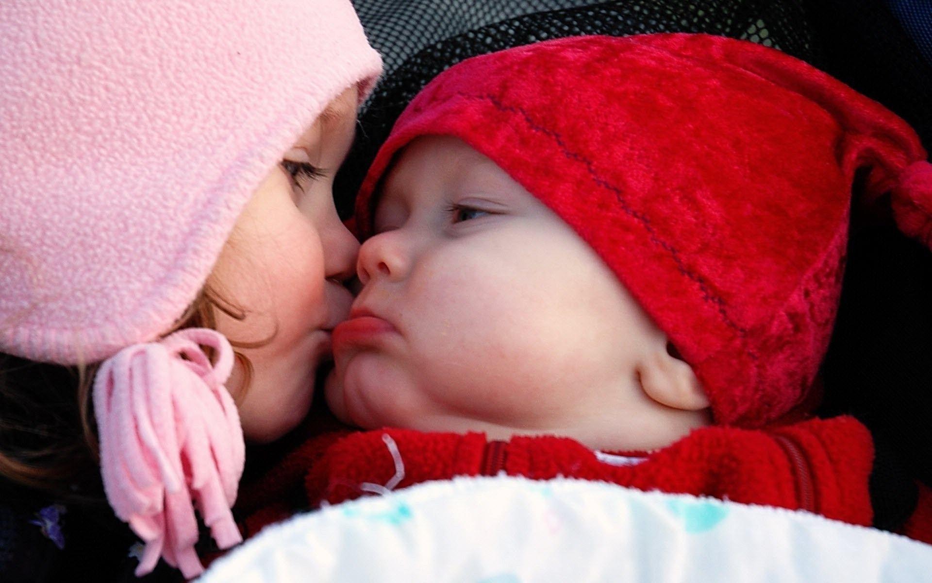 Baby Girl Kiss Her Cute Brother HD Wallpaper free desktop