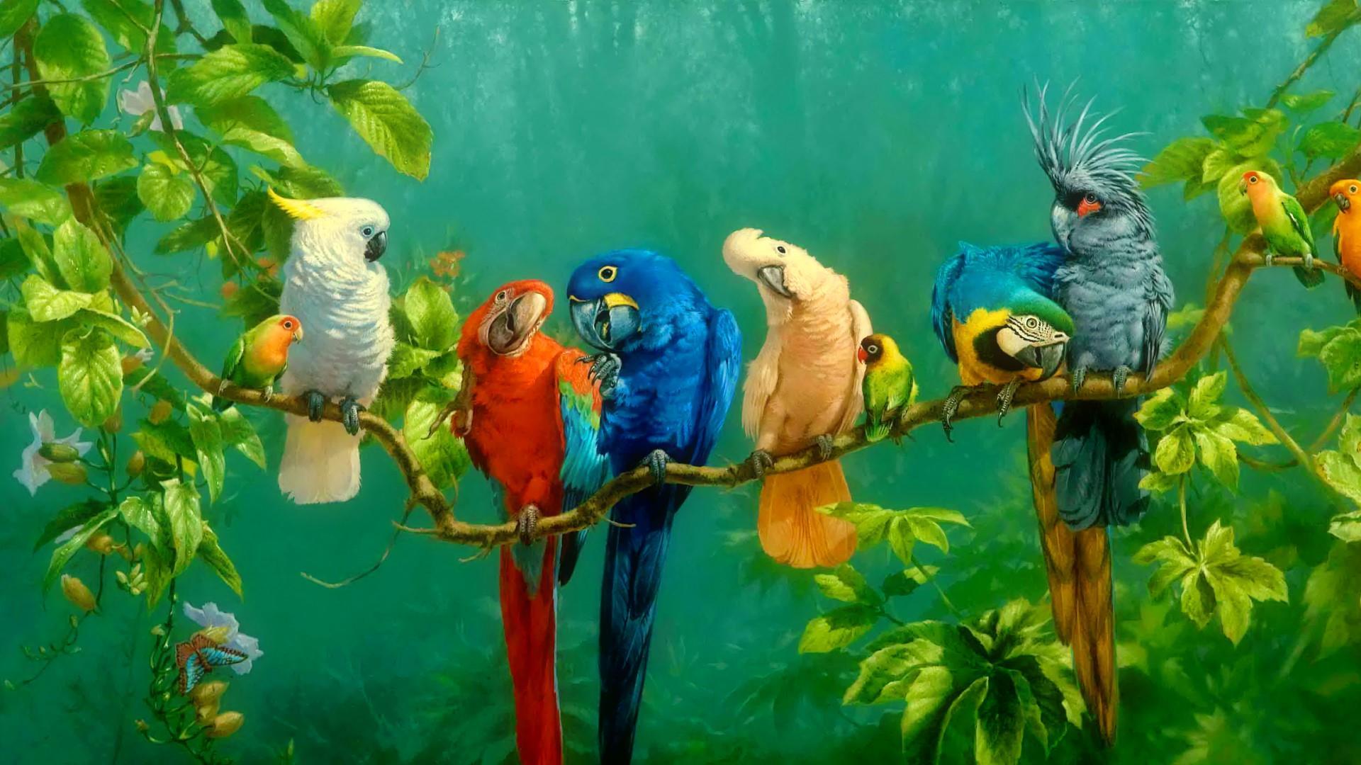Colorful Parrot Birds On The Tree Oil Painting Wallpaper. Wallpaper