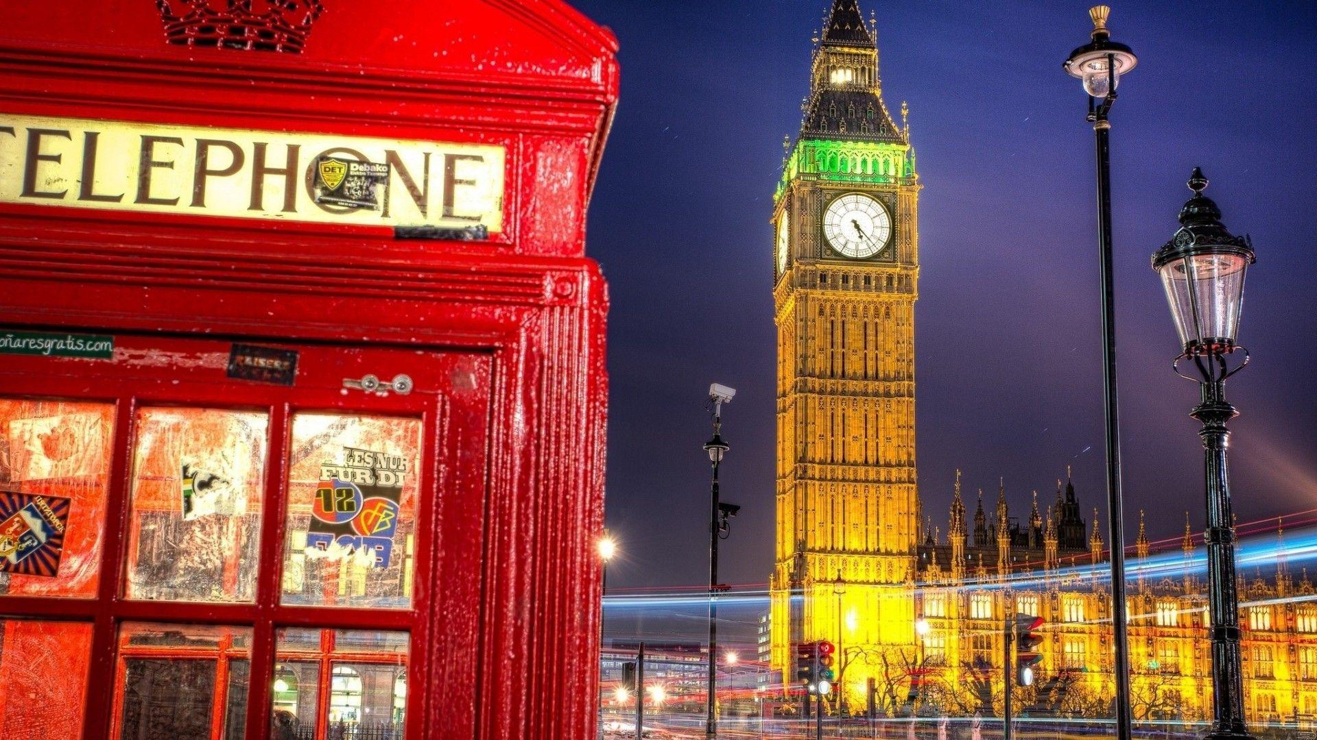 Other: Big Ben Clock Tower Phone Booth Night England Great Britain