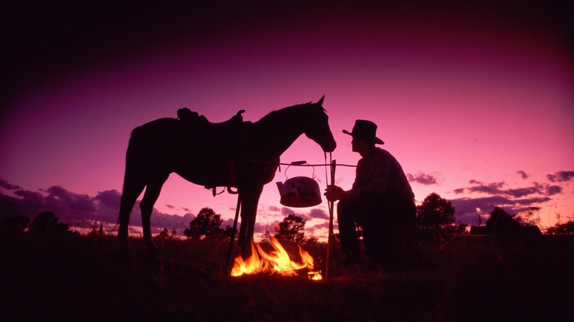 Cowboy On Purple Sky Wallpaper HD Wallpaper