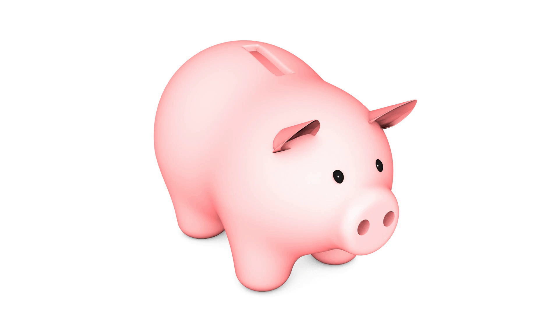 3D animation: Pink piggy bank with Golden (copper) coin on a white