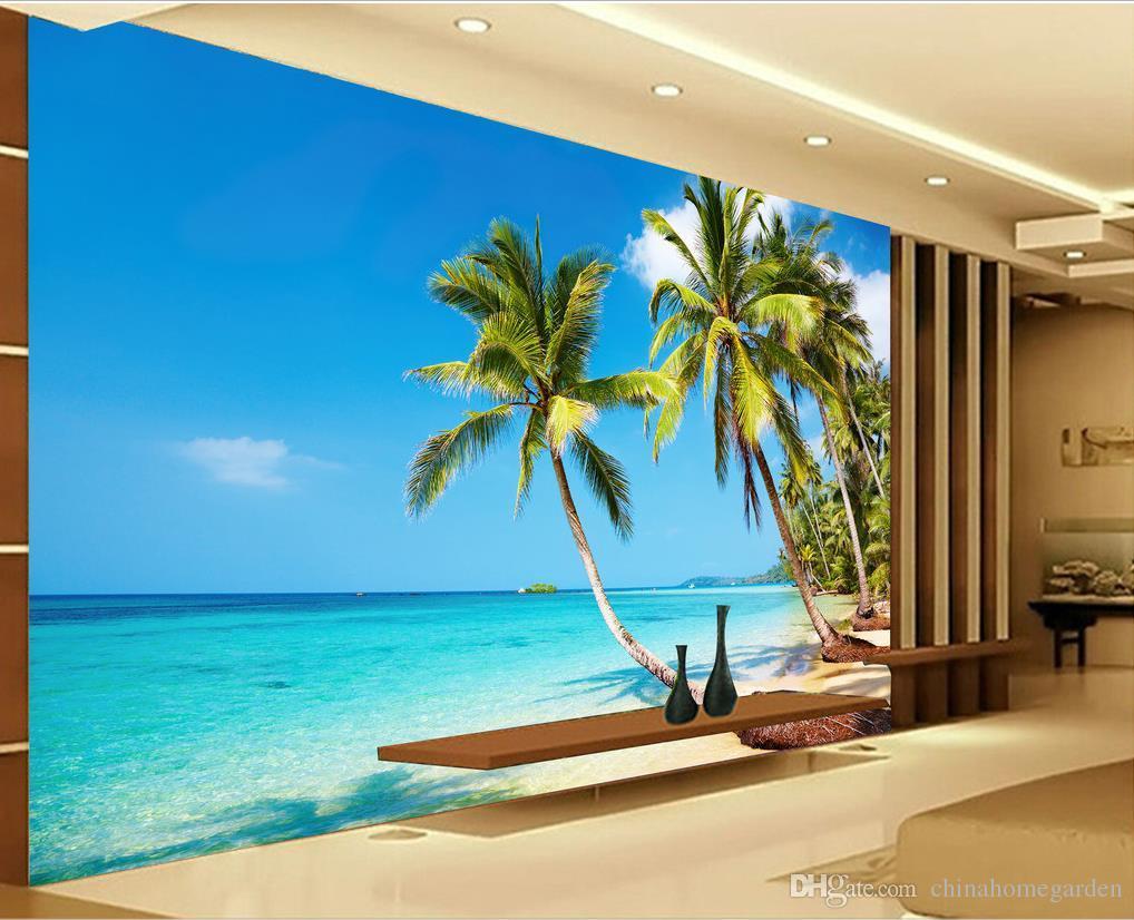 High Definition Sunny Sea Beach Coconut Palm Tv Wall Mural 3D