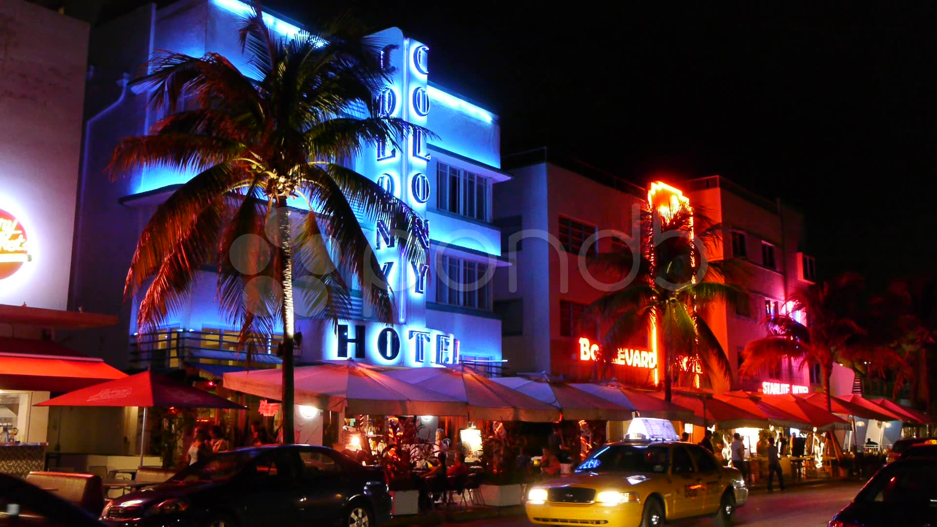 Miami South Beach Ocean Drive at night pan 30p Clip