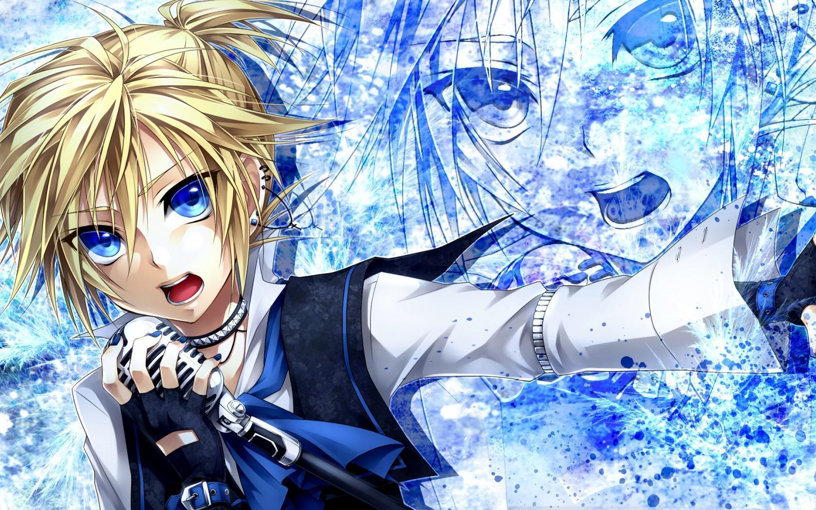 wallpaper ueno tsuki, vocaloid, kagamine len, guy, microphone, art