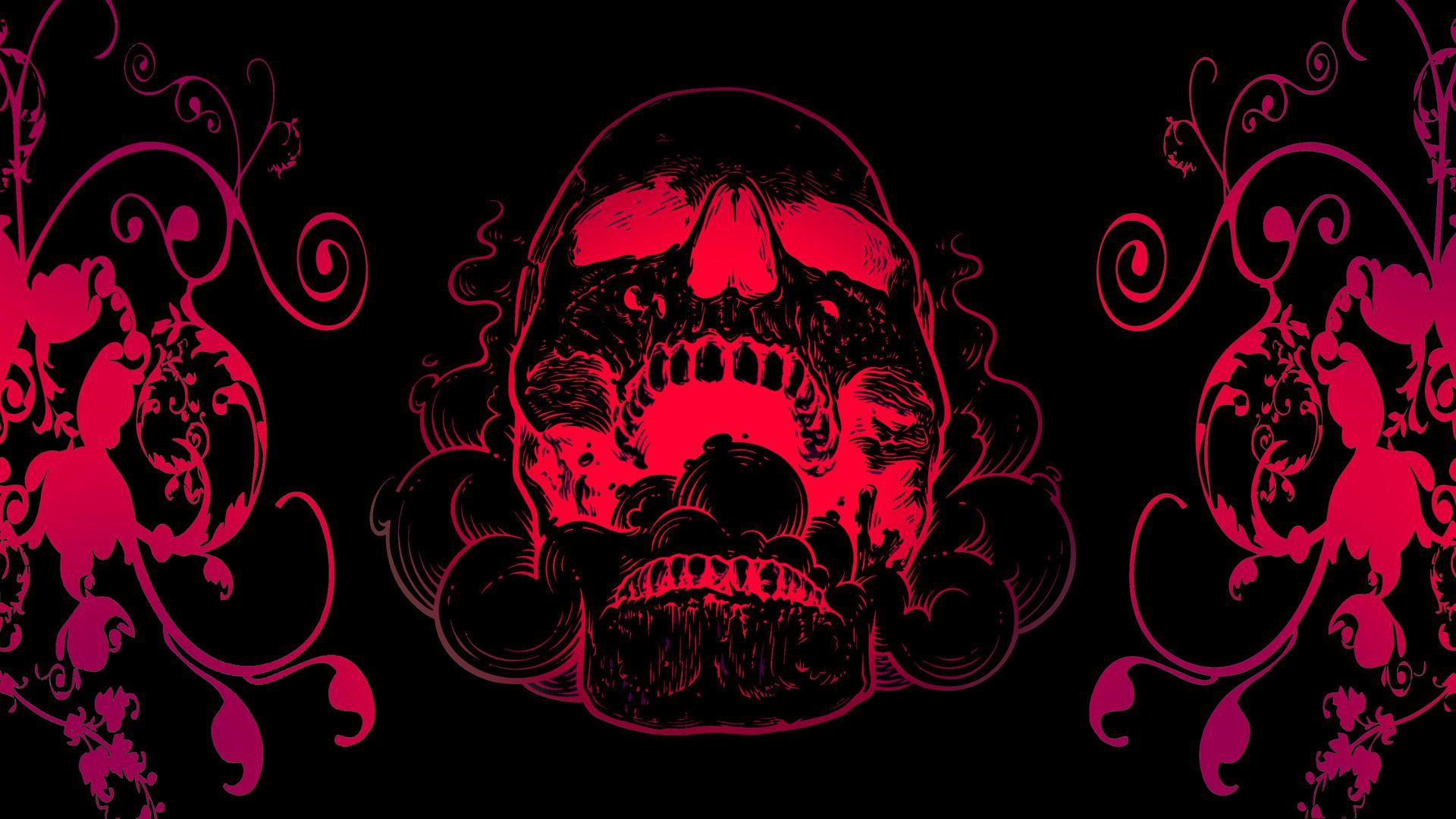 Red Skull Flowers Black Background 4k Laptop Full HD 1080P