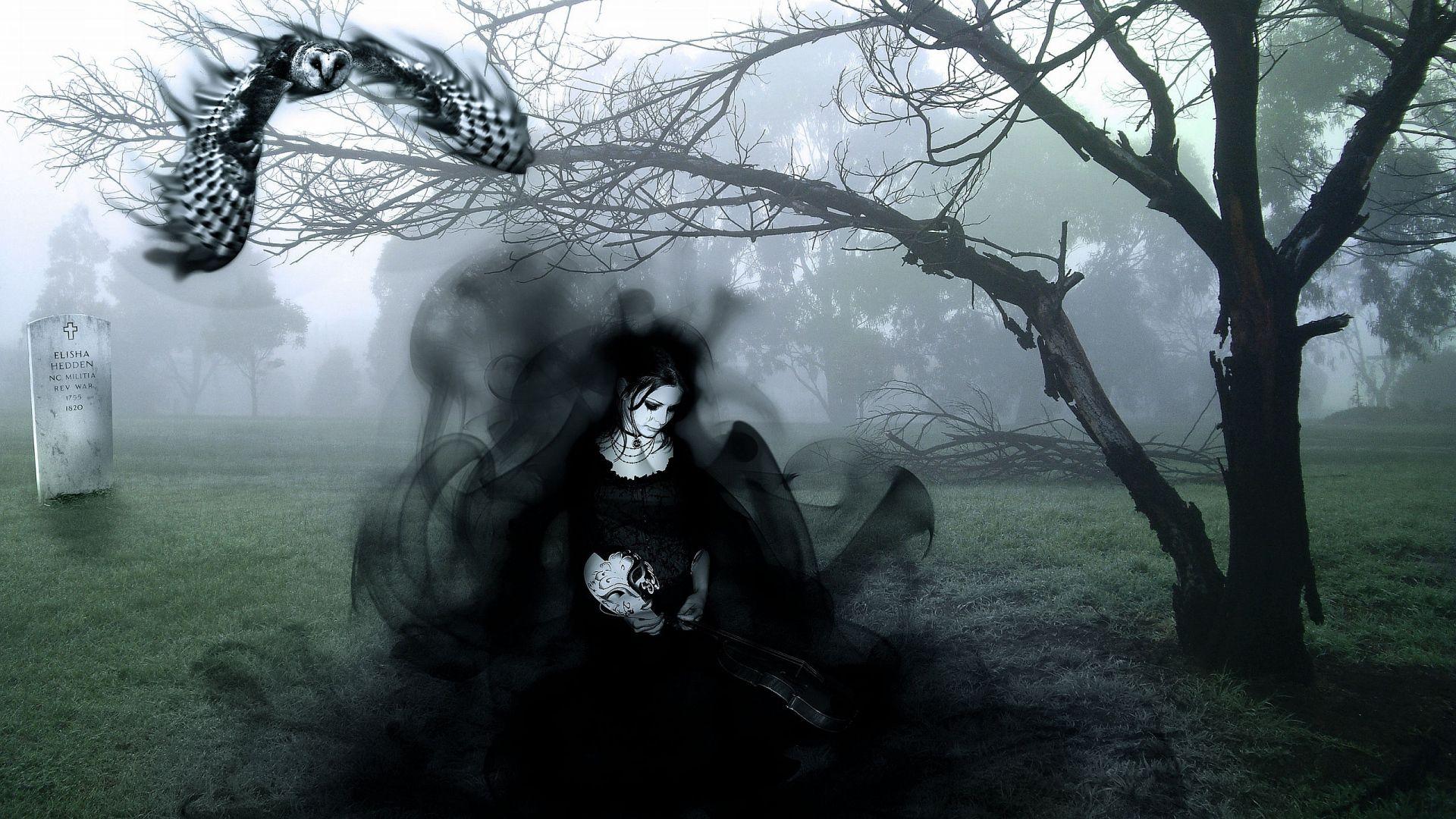 Full HD Wallpaper ghost lady gothic dark fog cemetery, Desktop