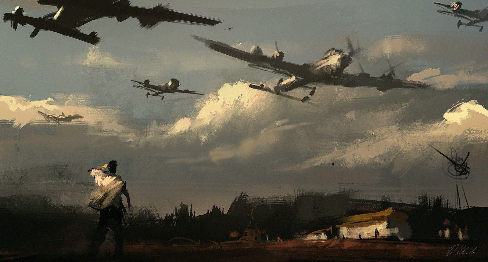 Gray airplane lot painting, aircraft, World War II, Darek Zabrocki