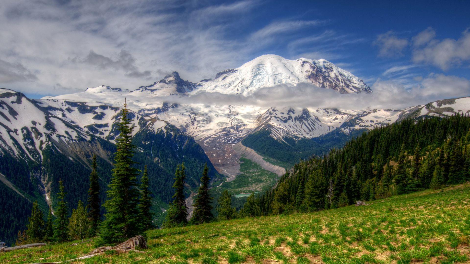Download Wallpaper 1920x1080 mountains, landscape, mt rainier