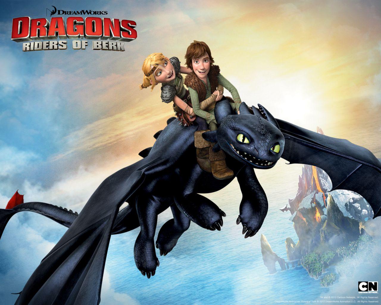 Hiccup and Astrid with Toothless in Riders of Berk Desktop Wallpaper