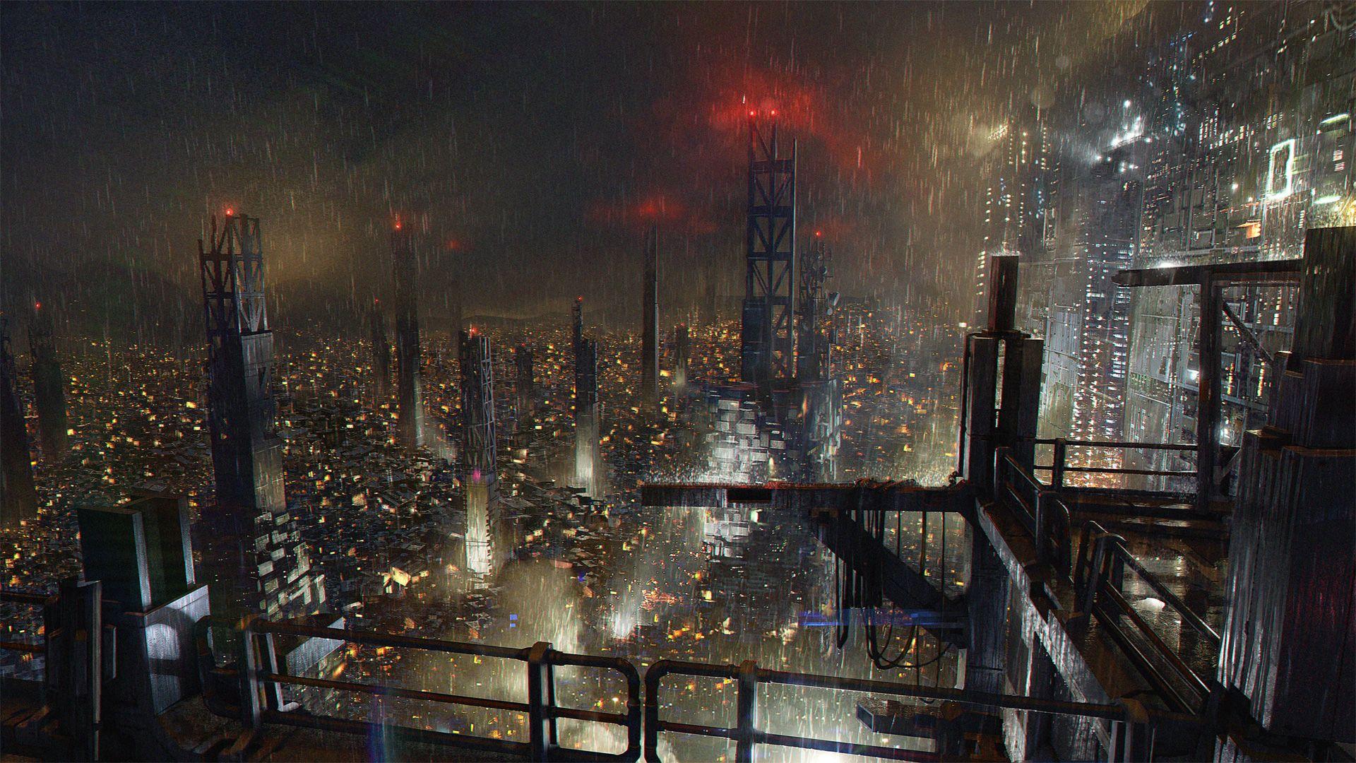 A cyberpunk city soaked in the rain Wallpaper from Deus Ex: Mankind
