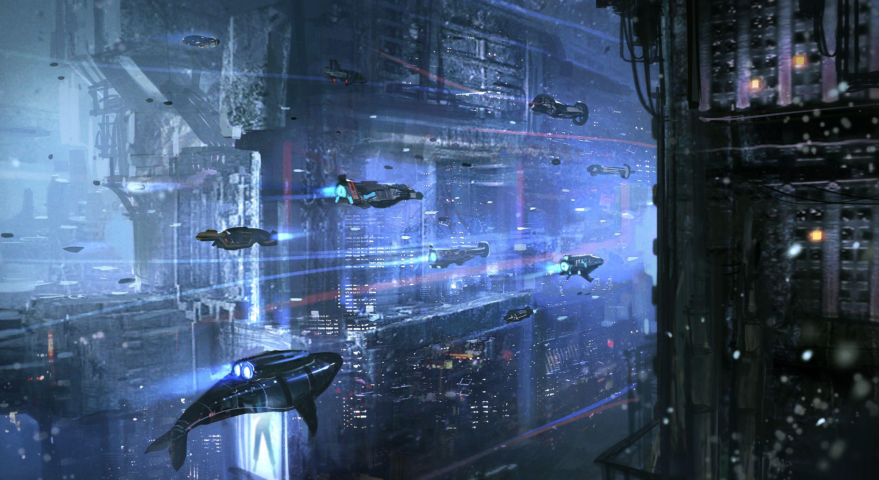 Underwater Cyberpunk City Full HD Wallpaper