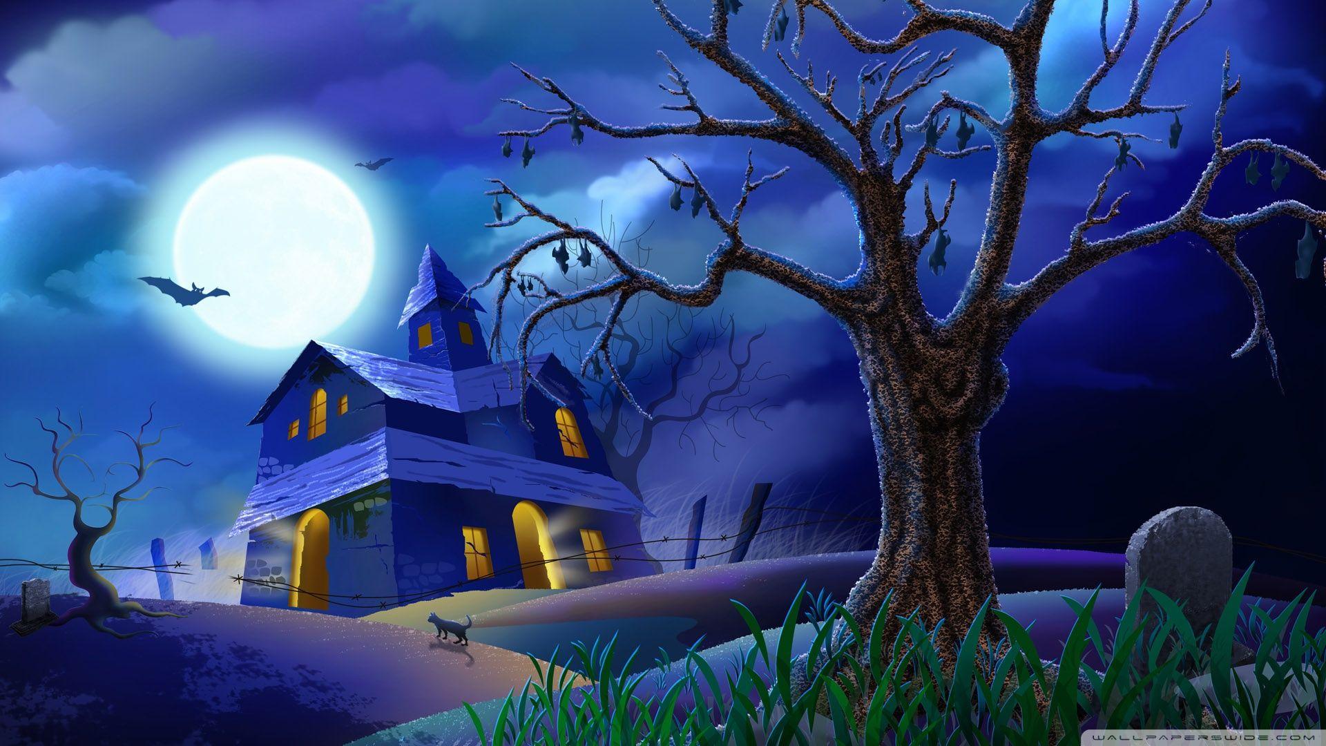 Spooky House Bats Cat Night Full Moon Hallowmas Halloween ❤ 4K HD