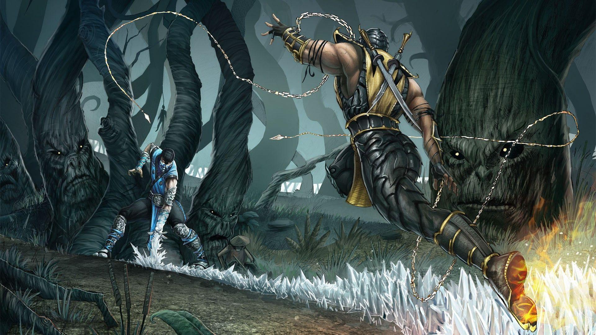 Download Wallpaper 1920x1080 mortal kombat, fighter, trees, magic