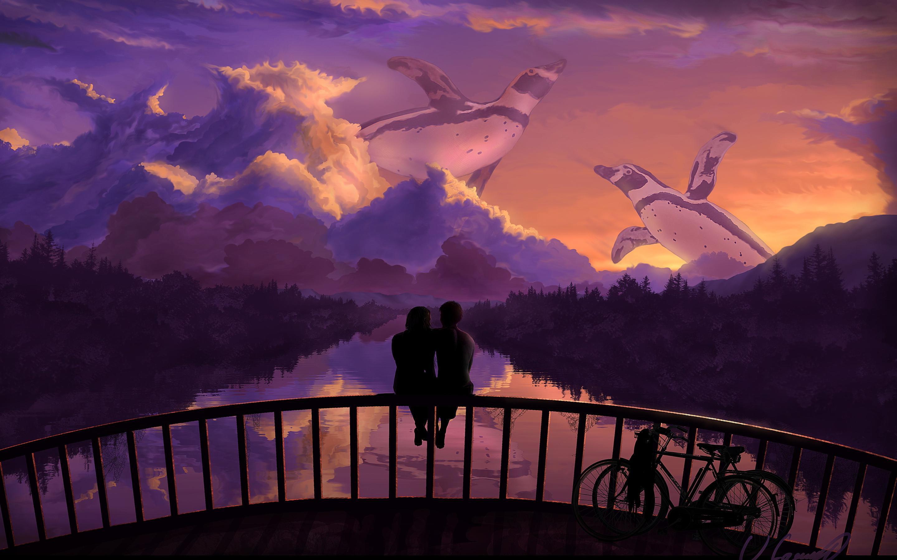 Romantic couple bridge sunset art HD desktop wallpaper, Widescreen