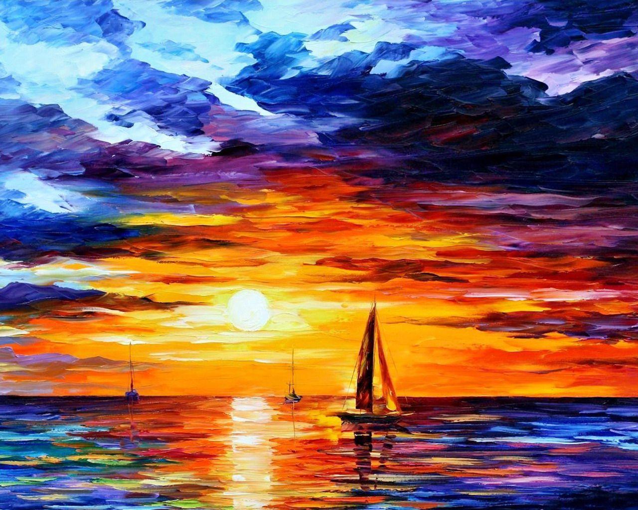Sailboats At Sunset Art Wallpaper iWallHD HD