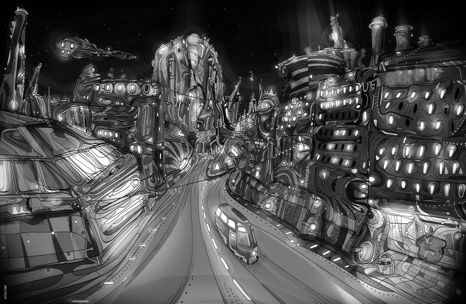 City Black White Trippy Background