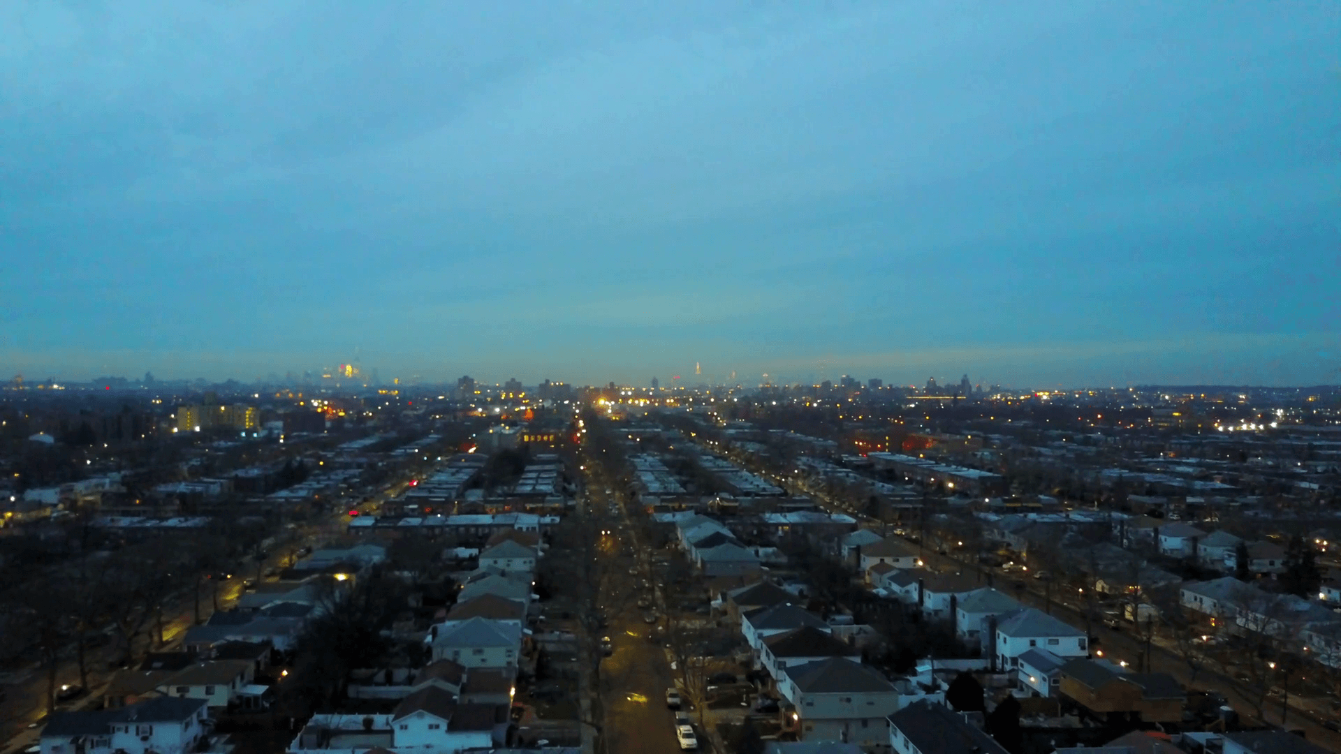 Night Time View Of Brooklyn Neighborhood And Background Of NYC Stock