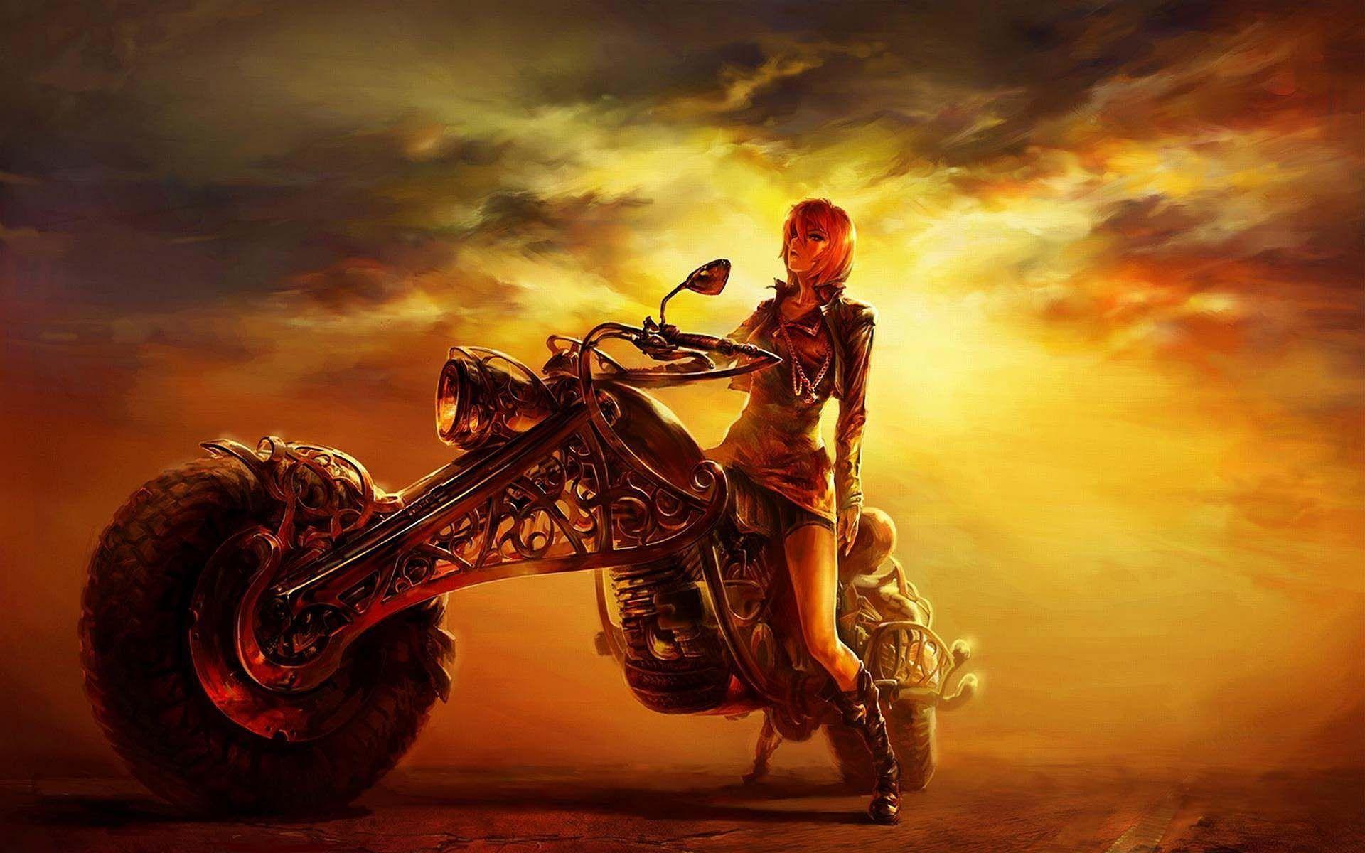 Girl on the Motorcycle Fantasy Art. HD 3D and Abstract Wallpaper