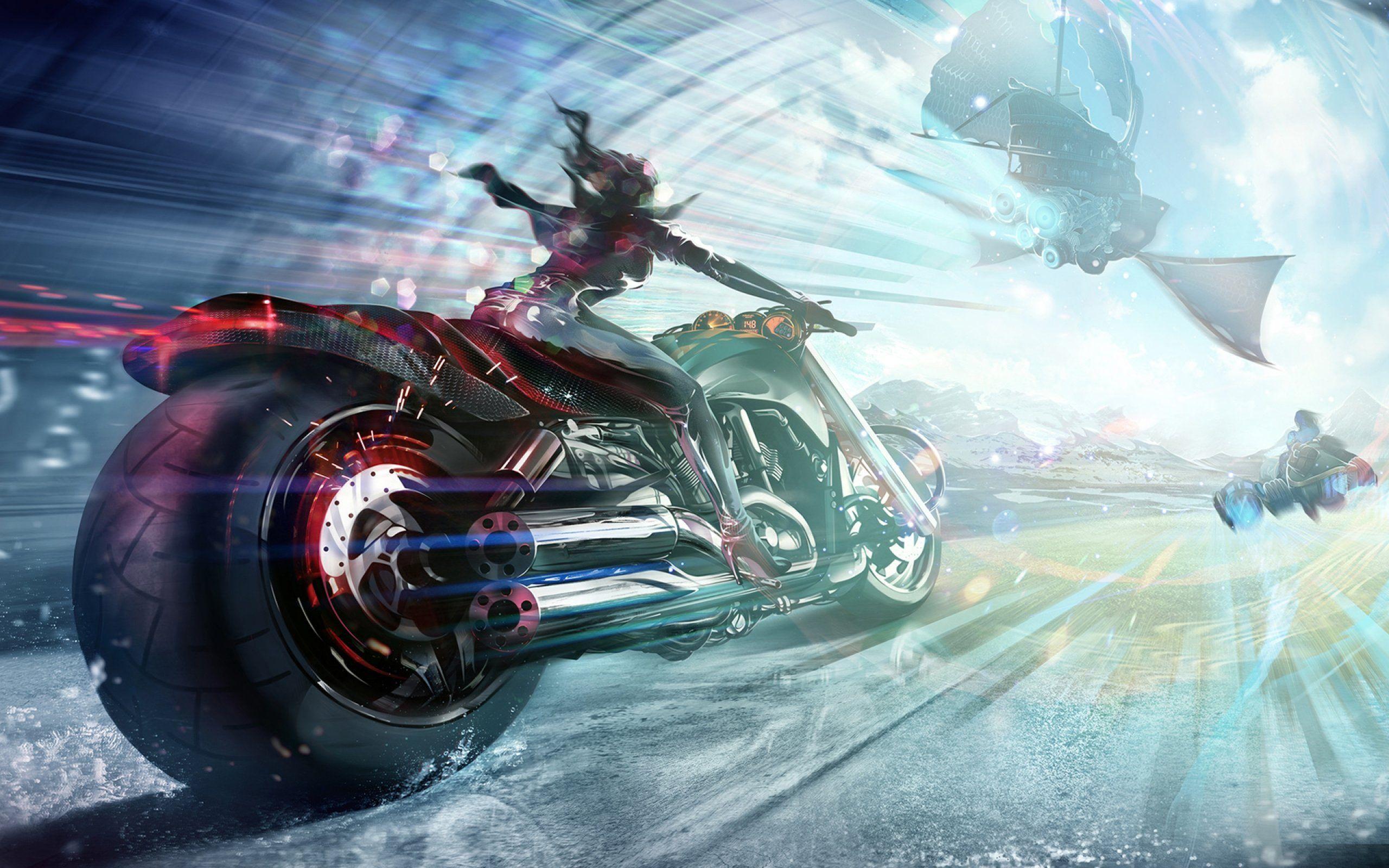 Sci Fi Art Artwork Motorbike Chopper Girl Motorcycle Bike Spaceship