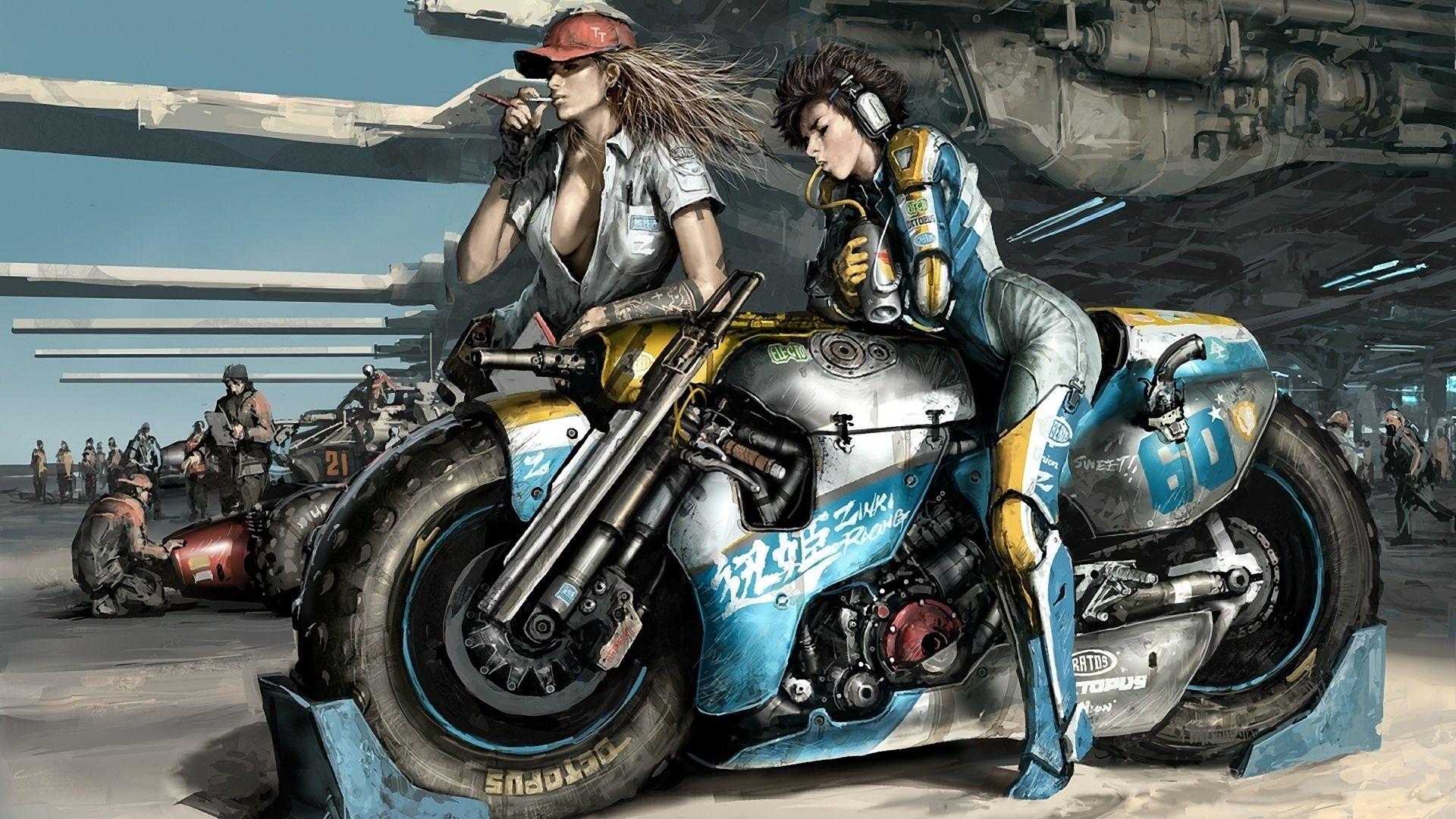 Race, Girls, Waiting, Weapons, Motorcycle, Art Wallpaper