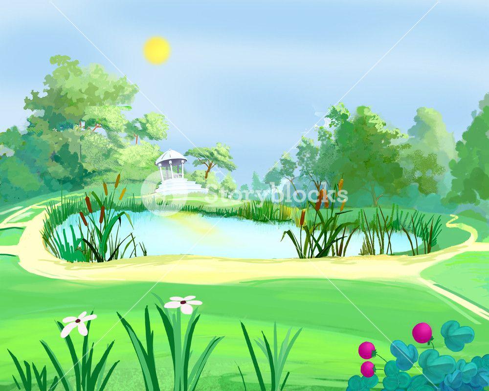 Digital Painting, Illustration of a small arbor near a pond in a
