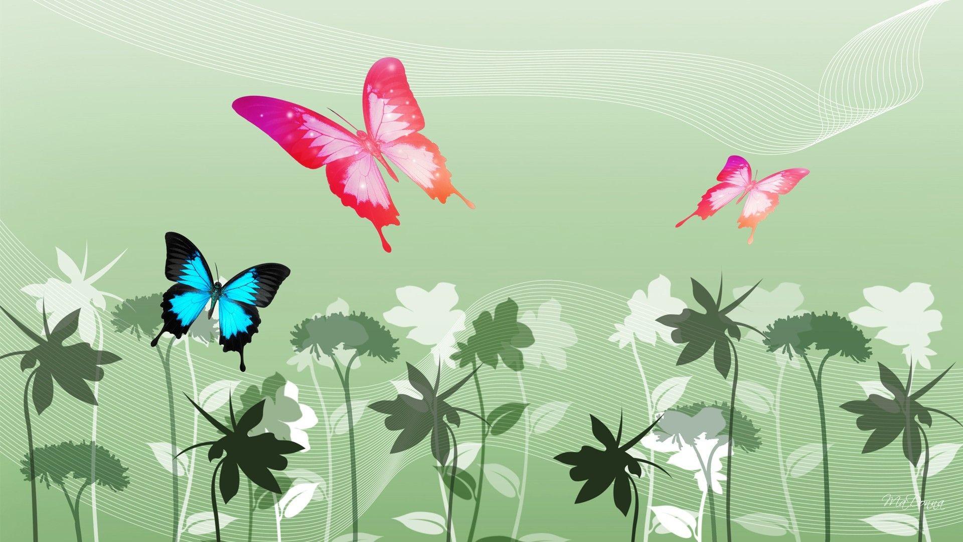 Flowers: Colorful Butterflies Green Butterfly Abstract Flowers