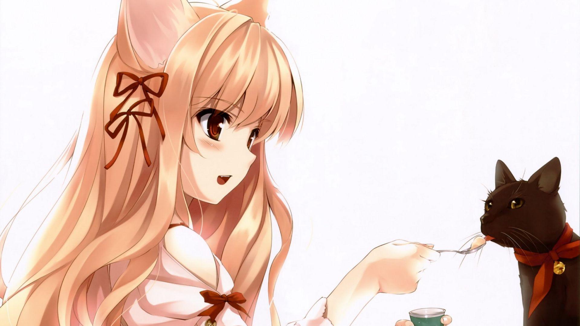 Download Wallpaper 1920x1080 neko girls, girl, cat, spoon Full HD