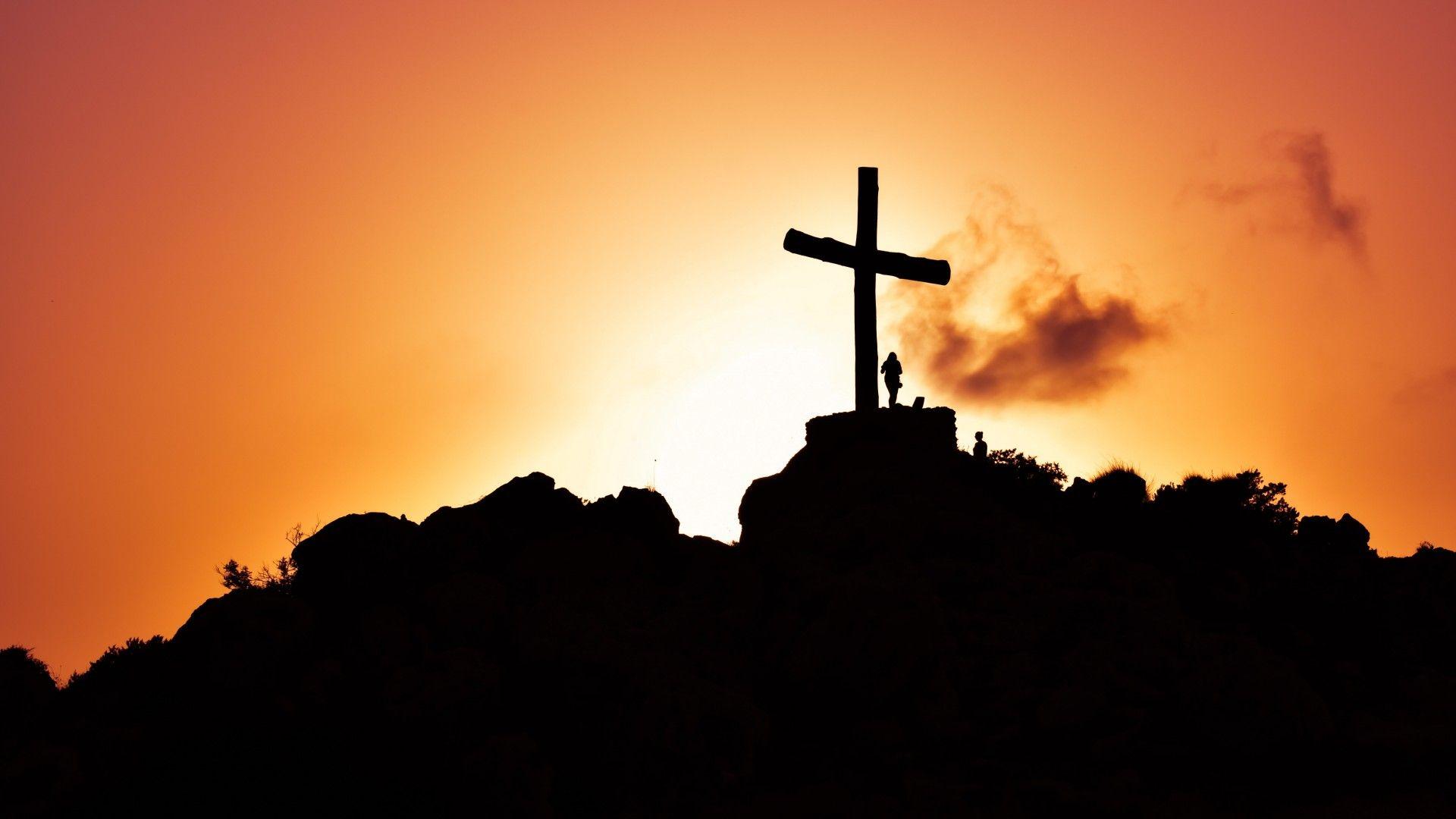 Wallpaper Cross, Sunset, Silhouette, Hill, Christianity, Jesus