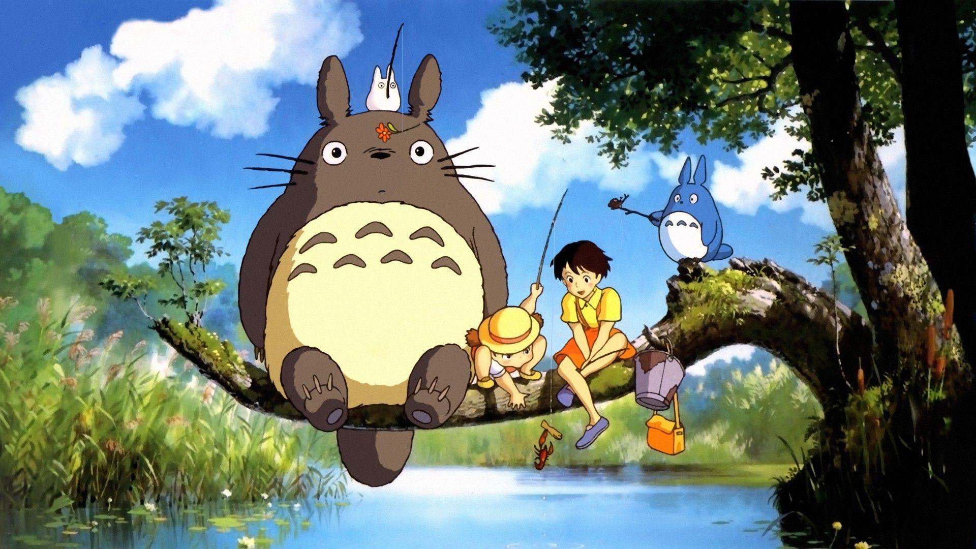 brunettes, water, clouds, Hayao Miyazaki, trees, movies, Totoro