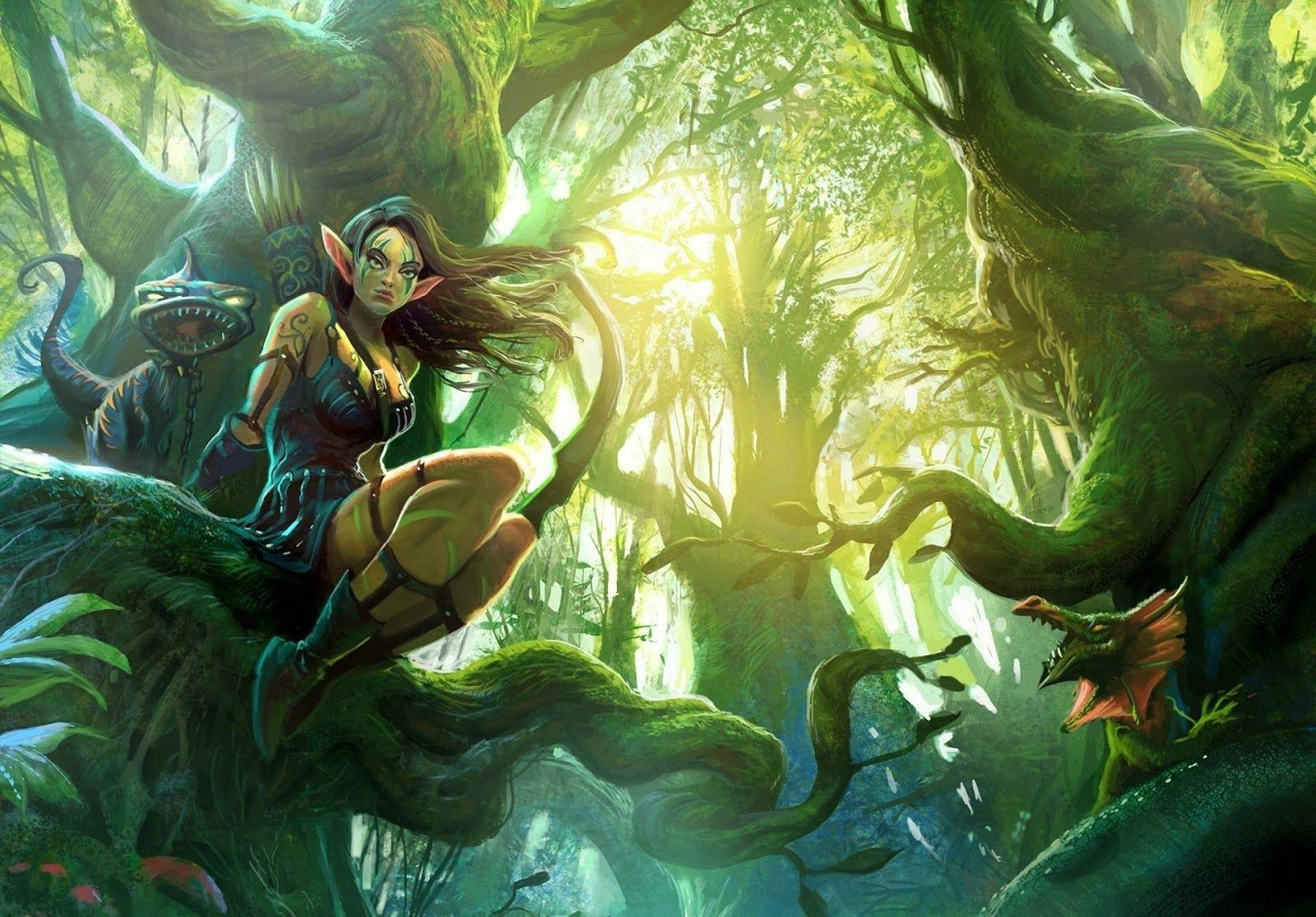 Elf and monsters in fantasy forest. EMERALD CITY